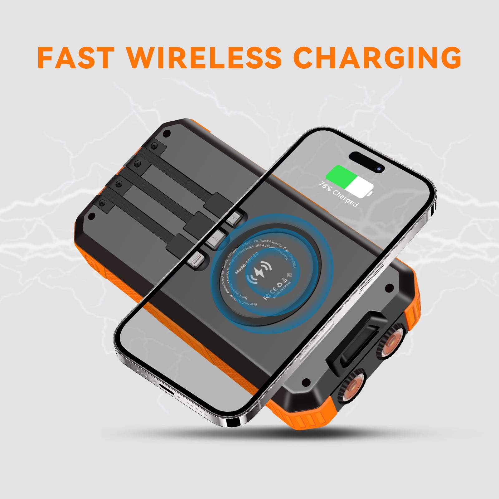 Yelomin 49800mAh Solar Power Bank Portable Wireless Charger with Built-in Cables and Flashlight (Orange) oaeoc