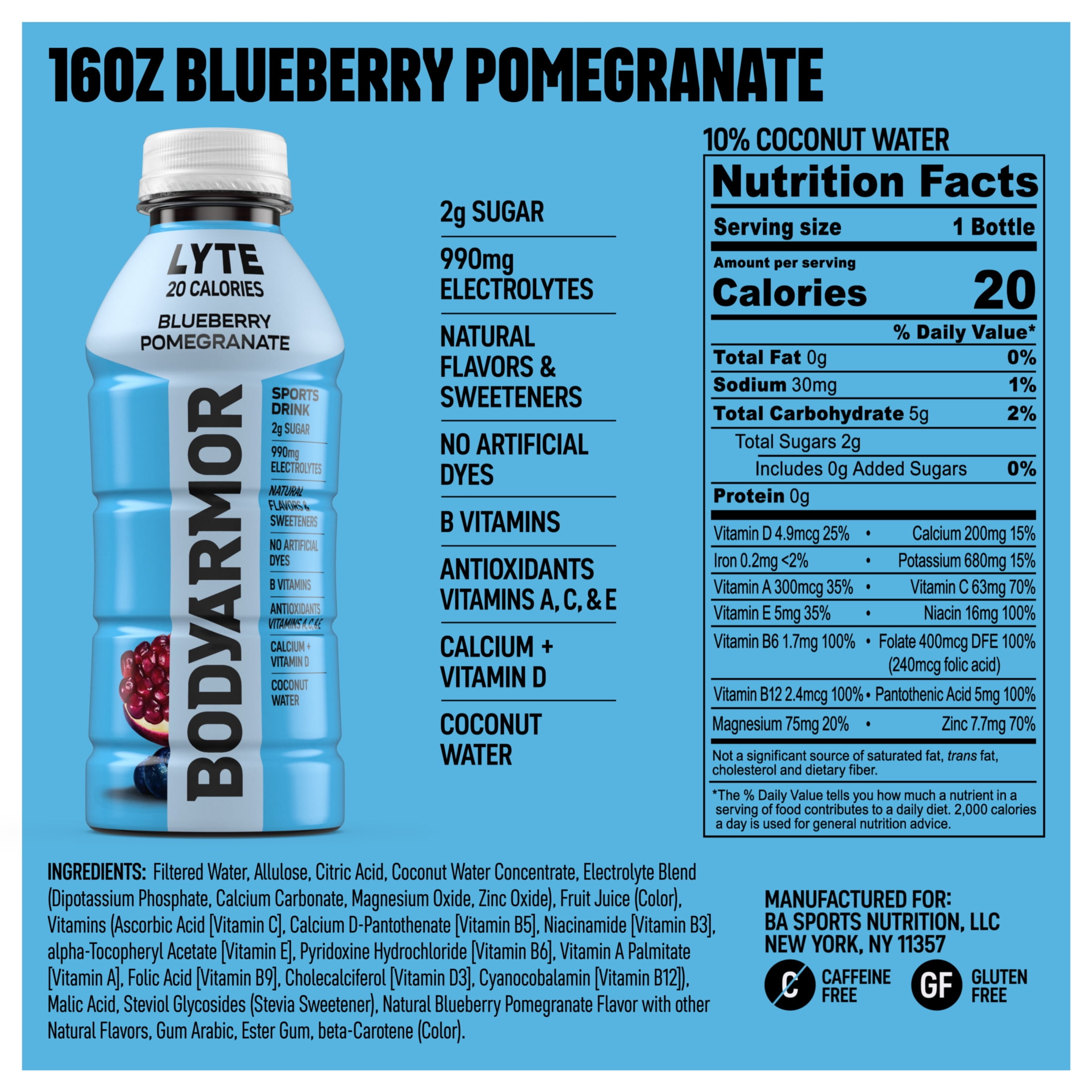 BODYARMOR Lyte Sports Drink, Blueberry Pomegranate Electrolyte Hydration (16 fl oz) f9kmj