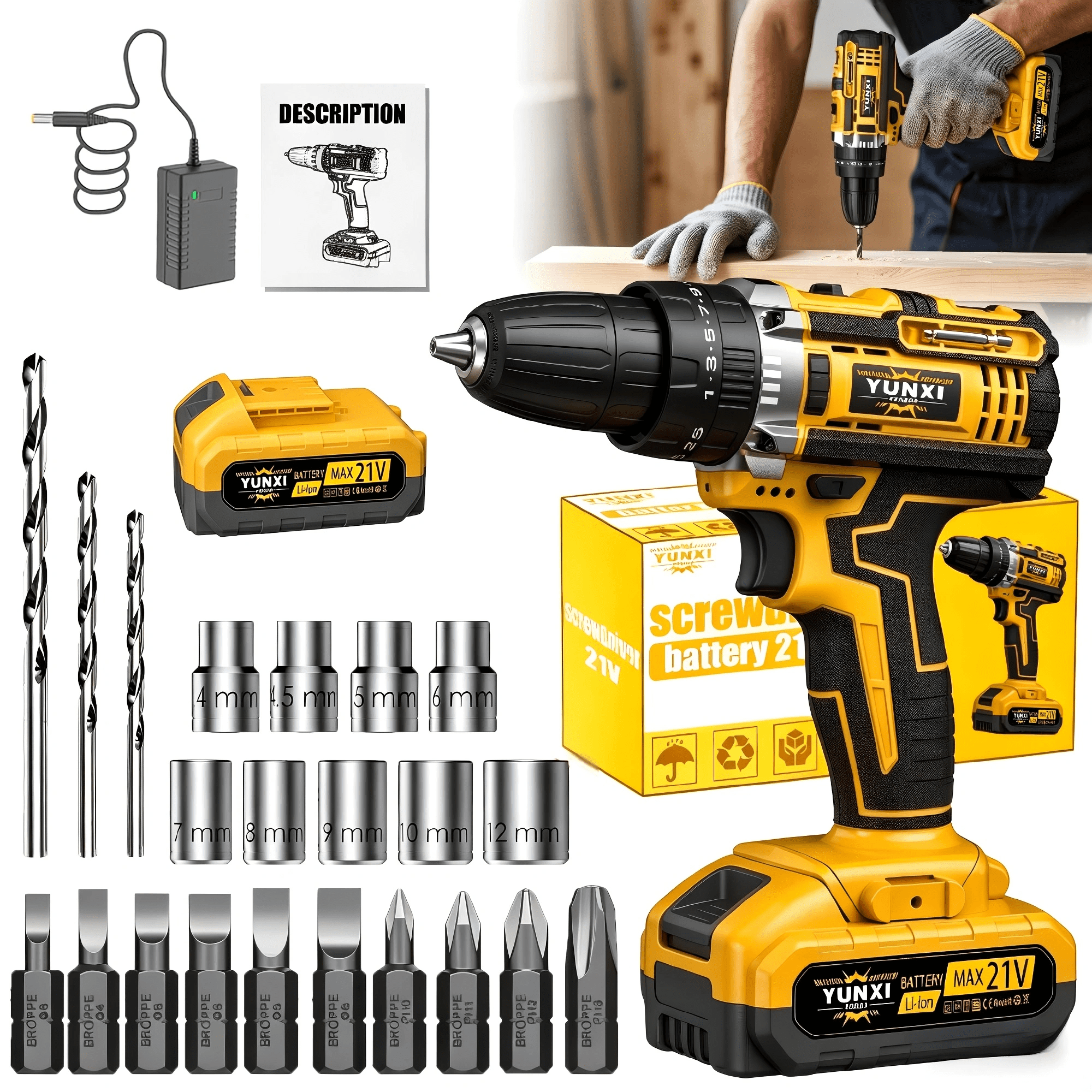 Yunxi Cordless Impact Drill with Work Light, 1/2 in Variable Speed Driver for Home Maintenance (1/2 in) ql6ex