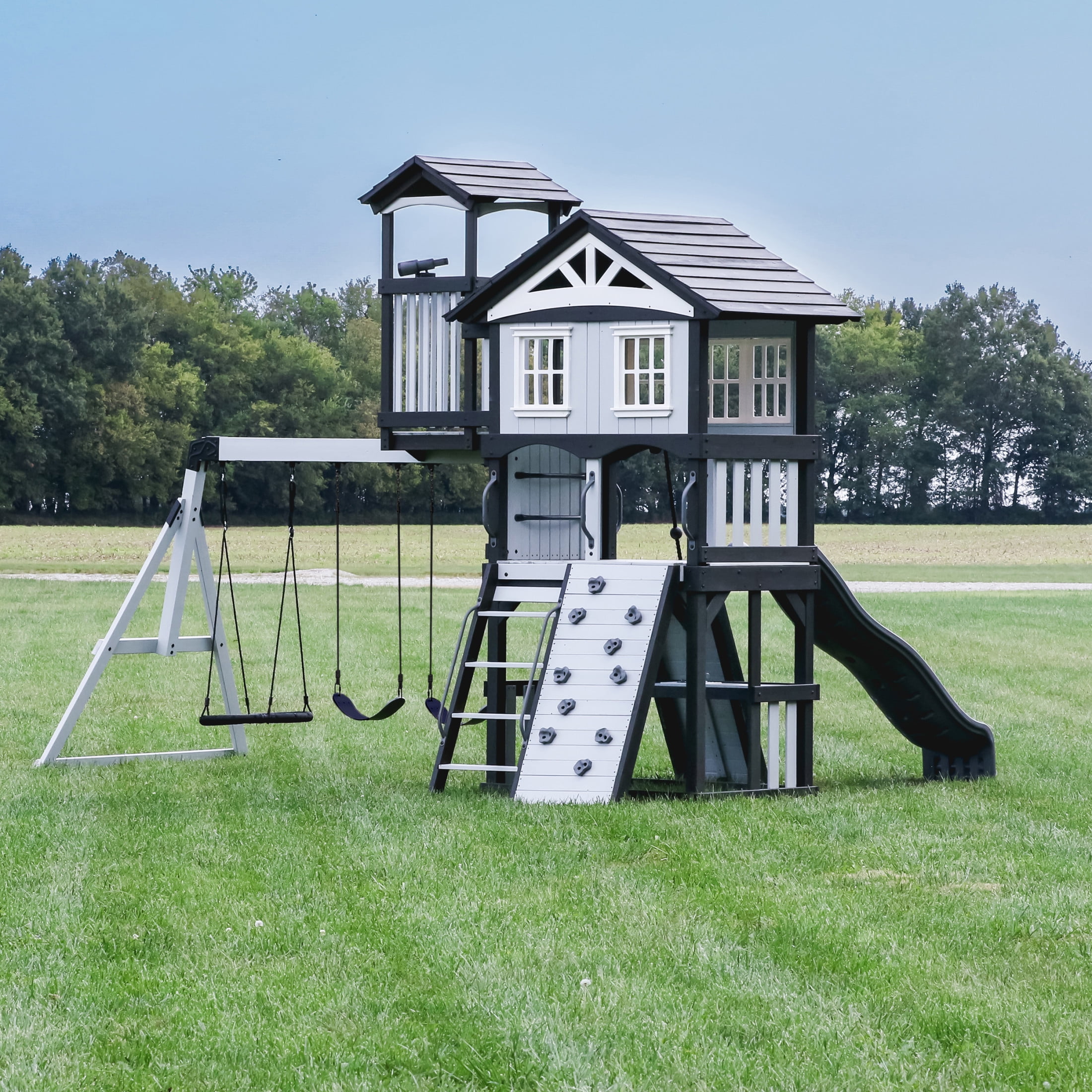 Backyard Discovery Whispering Point Cedar Wood Swing Set with Slide and Clubhouse (Light Gray, 8 ft Slide) 4jq9d