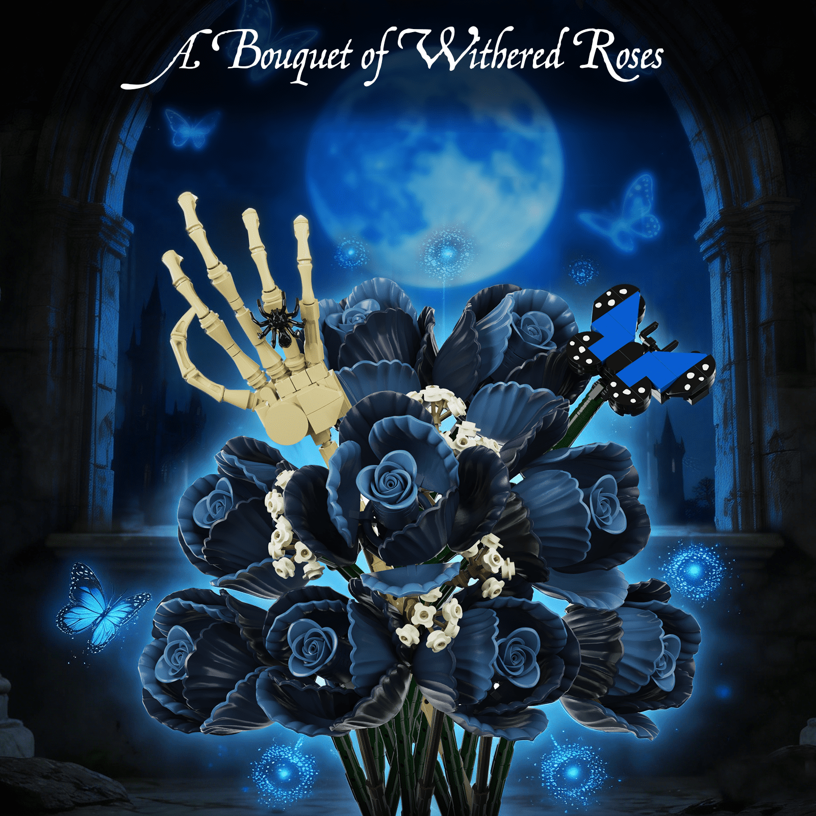 BuildingBoat Skull Bouquet Building Block Set Gothic Rose Flower Decor (Blue, 1 Set) xvpv0