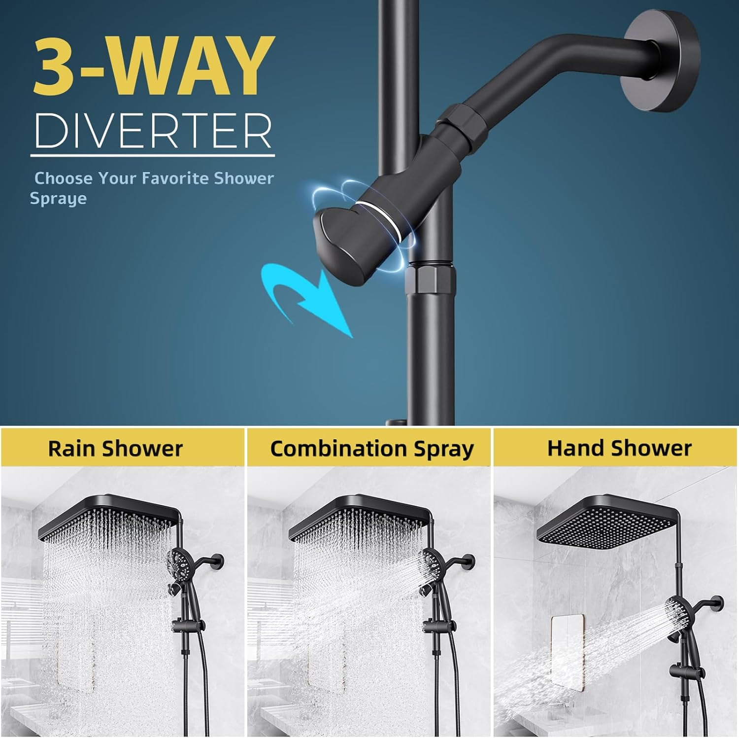 ROSYNEY 15 in Rainfall Shower Head with Handheld Combo, 8-Setting Sprayer, Adjustable Extension Arm (Matte Black, 15 in) gljoq