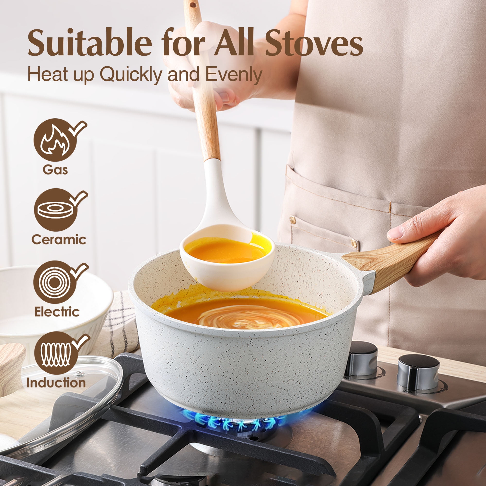 Sensarte 10-Piece Ceramic Nonstick Cookware Set, Induction Compatible Kitchen Pots and Pans with Stay-Cool Handles (White, 10-Piece) 2stxq