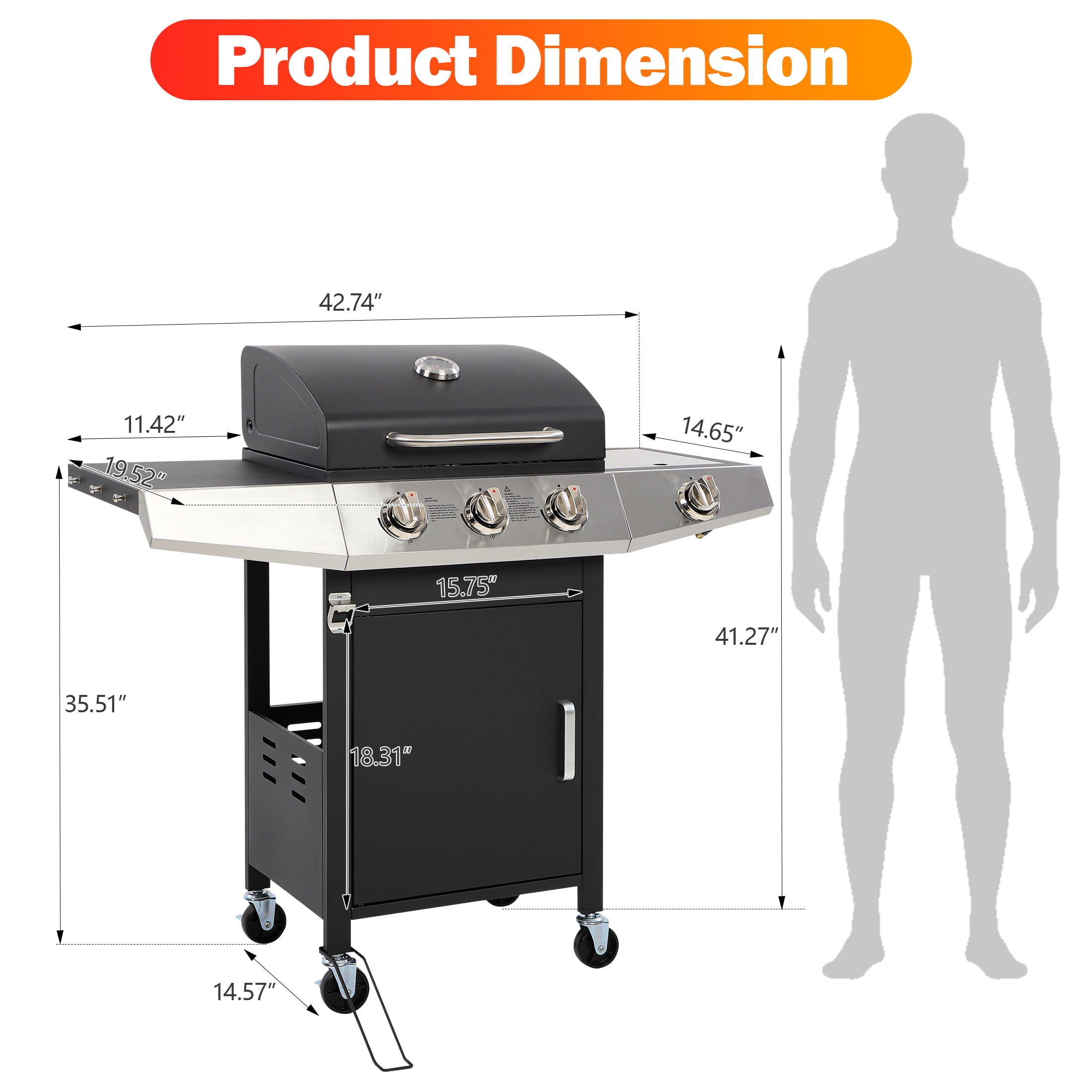 Segmart 3-Burner Propane Gas Grill with Side Burner and Thermometer (40000 BTU, 338 sq. in. Cooking Area) 54wni