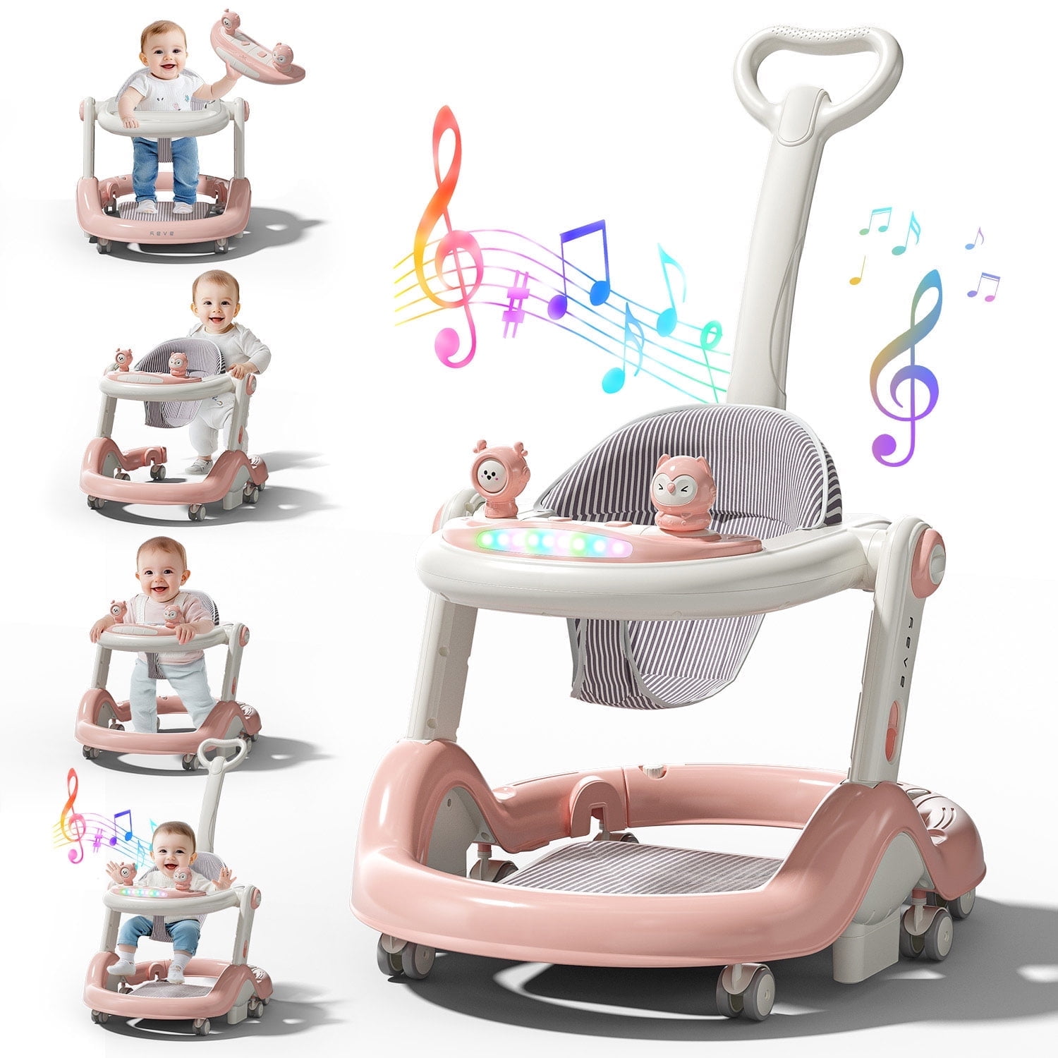 WonderStone 5-in-1 Baby Walker and Activity Center, Foldable Push Walker with Music and Lights (Pink, 27.5 in x 21 in x 19.68 in) 43quc