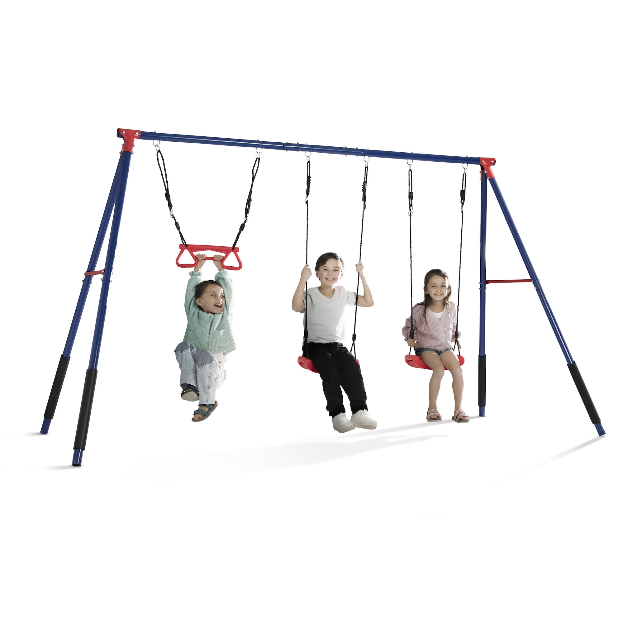 Delta Children FunZone Outdoor Metal 3-Piece Swing Set with 2 Swings and 1 Trapeze Bar (Blue/Red, 144 in W x 54 in D x 70 in H) e1y6s