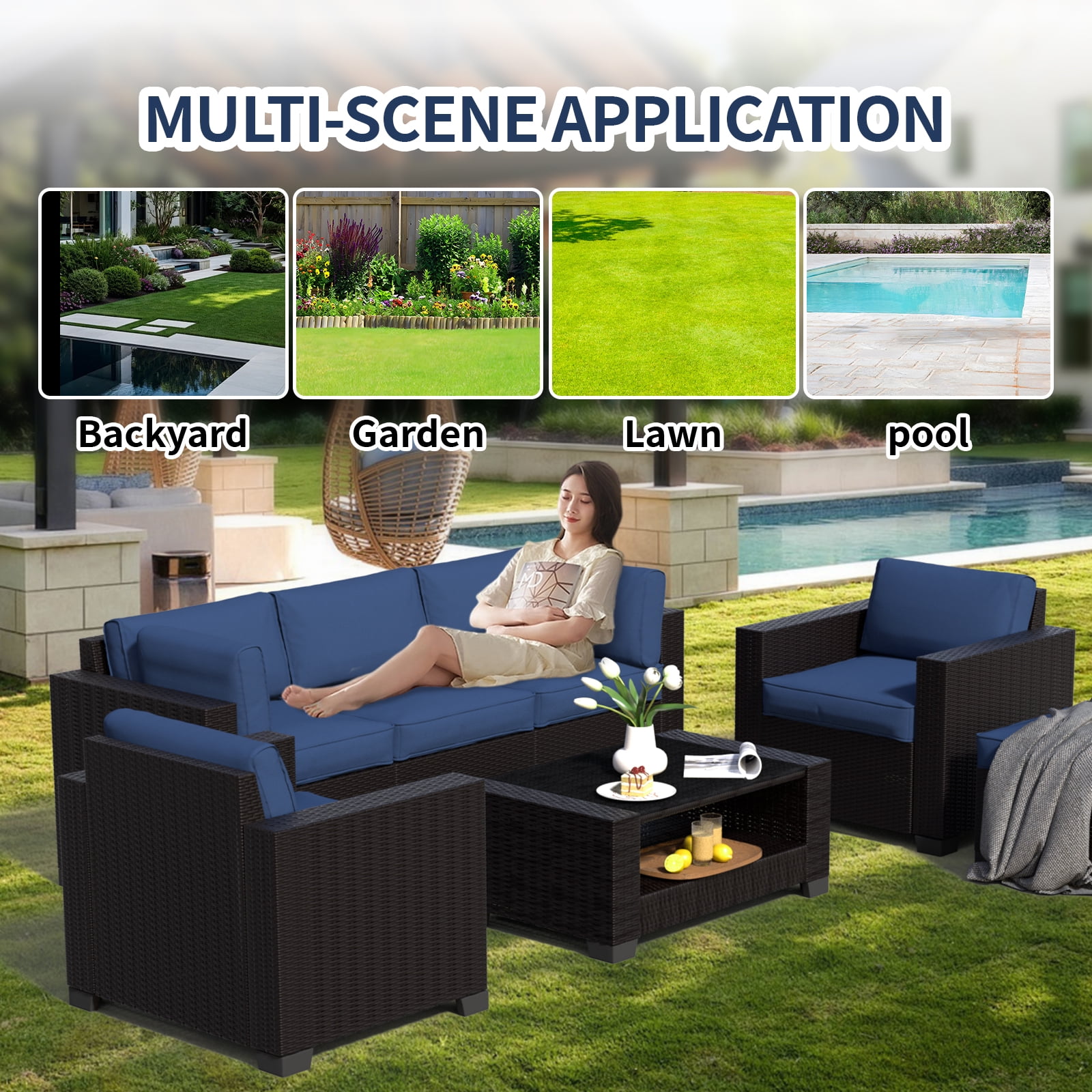 SHGJ&SOFT 7 Piece Patio Furniture Set, Wicker Outdoor Sectional Sofa with Tempered Glass Table (Black, 7 Piece Set) ej0jw