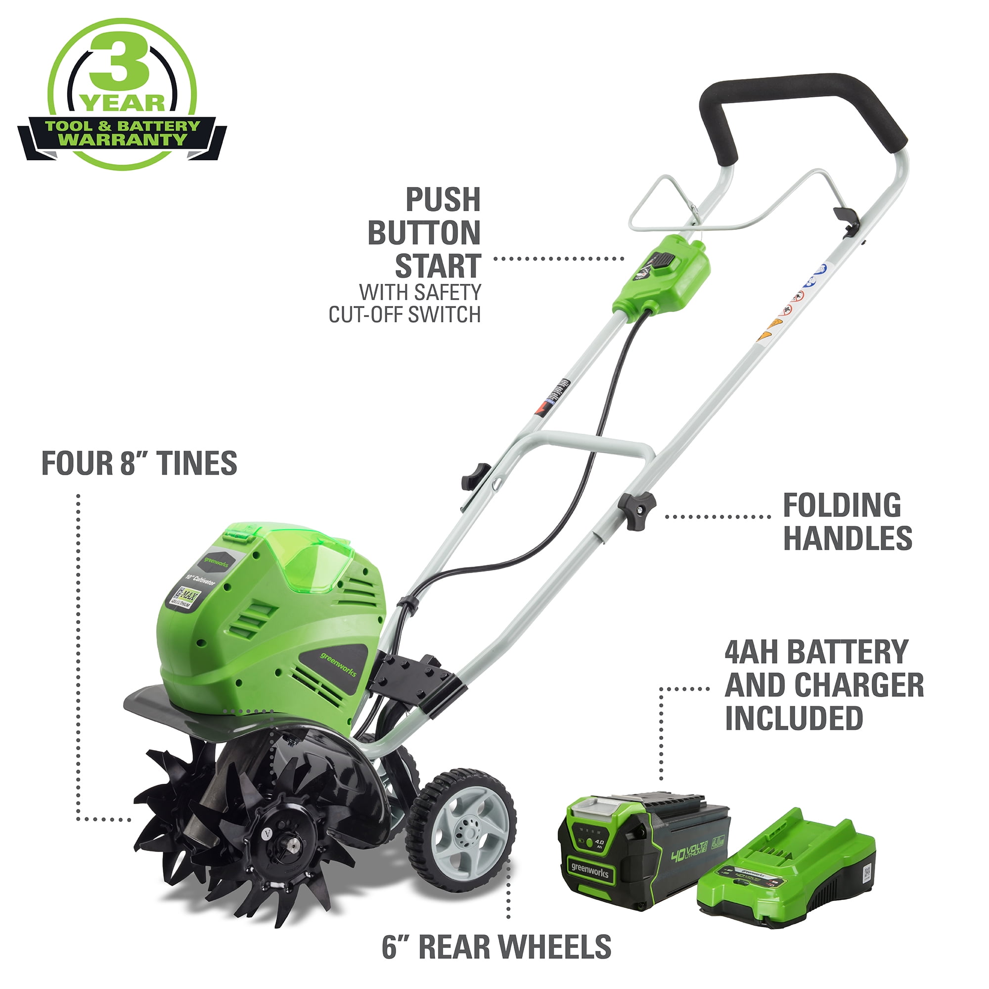 Greenworks 40V Cordless Cultivator and Tiller with 4.0Ah Battery and Charger (Green, 10 in) adbmh