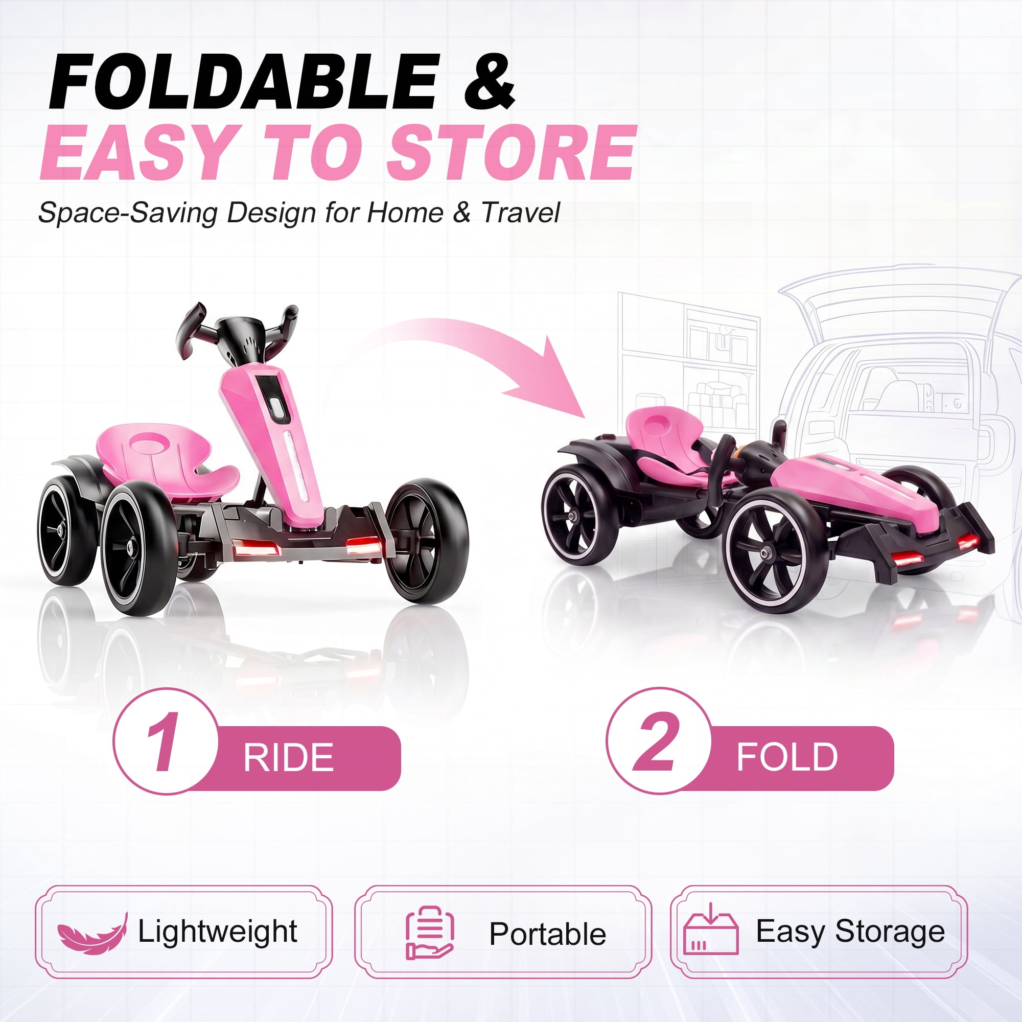 Holaki 12V Electric Go Kart for Kids, Battery Powered Ride-on Toy with LED Lights and EVA Wheels (Pink, 88 lb Capacity) ujaw5