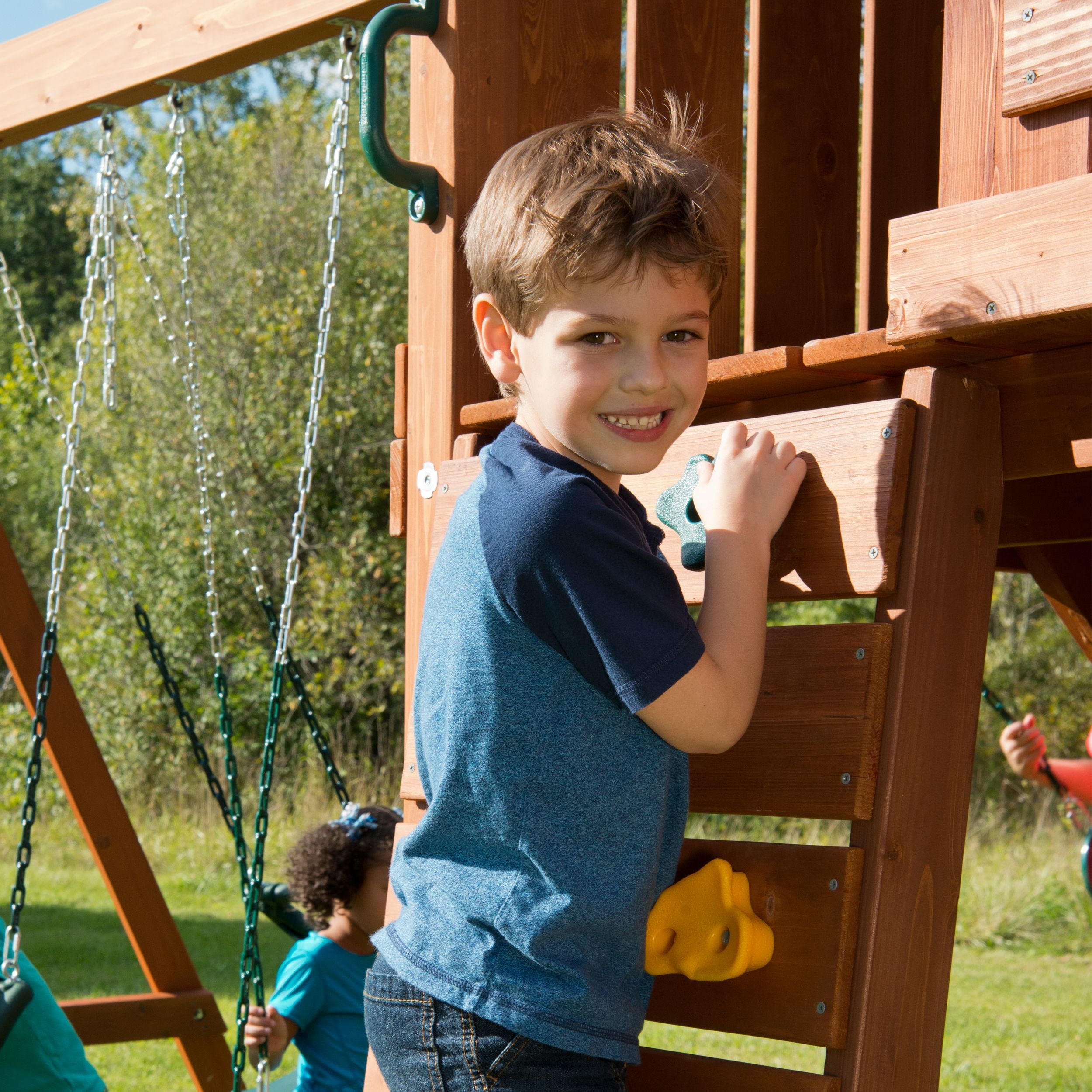 Swing-N-Slide Cedar Brook Wooden Backyard Play Set with Monkey Bars, Swings, and Curved Slide (Brown) s07xk