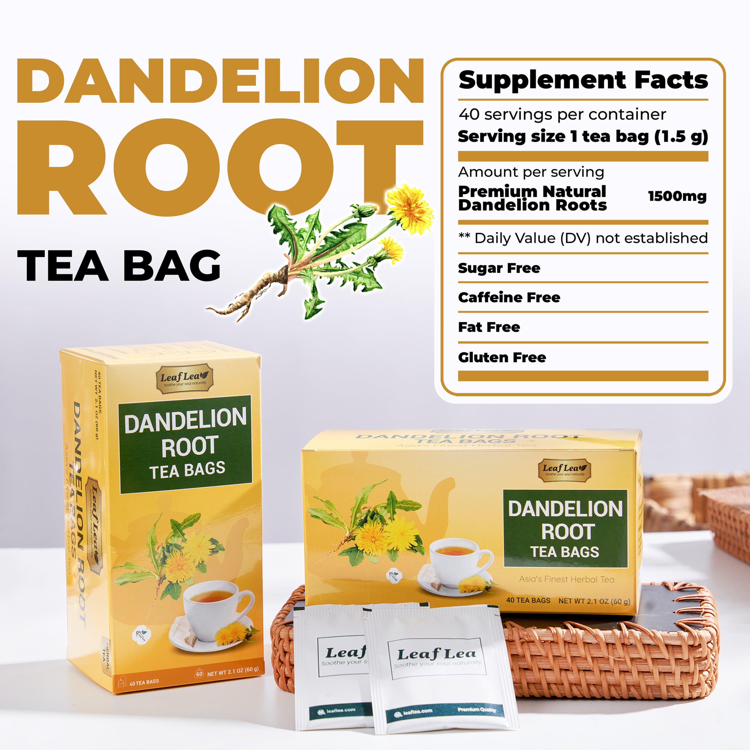 LeafLea Dandelion Root Herbal Tea Bags, Caffeine-Free Natural Tea Blend (240 Count, 6 Packs) l146r