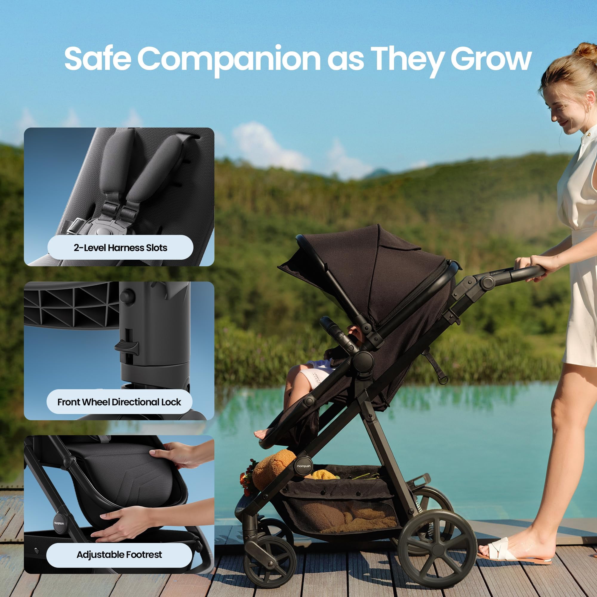 Mompush Meteor2 2-in-1 Baby Stroller with Bassinet Mode (Black, 23.2 lb) aafsz - Image 4