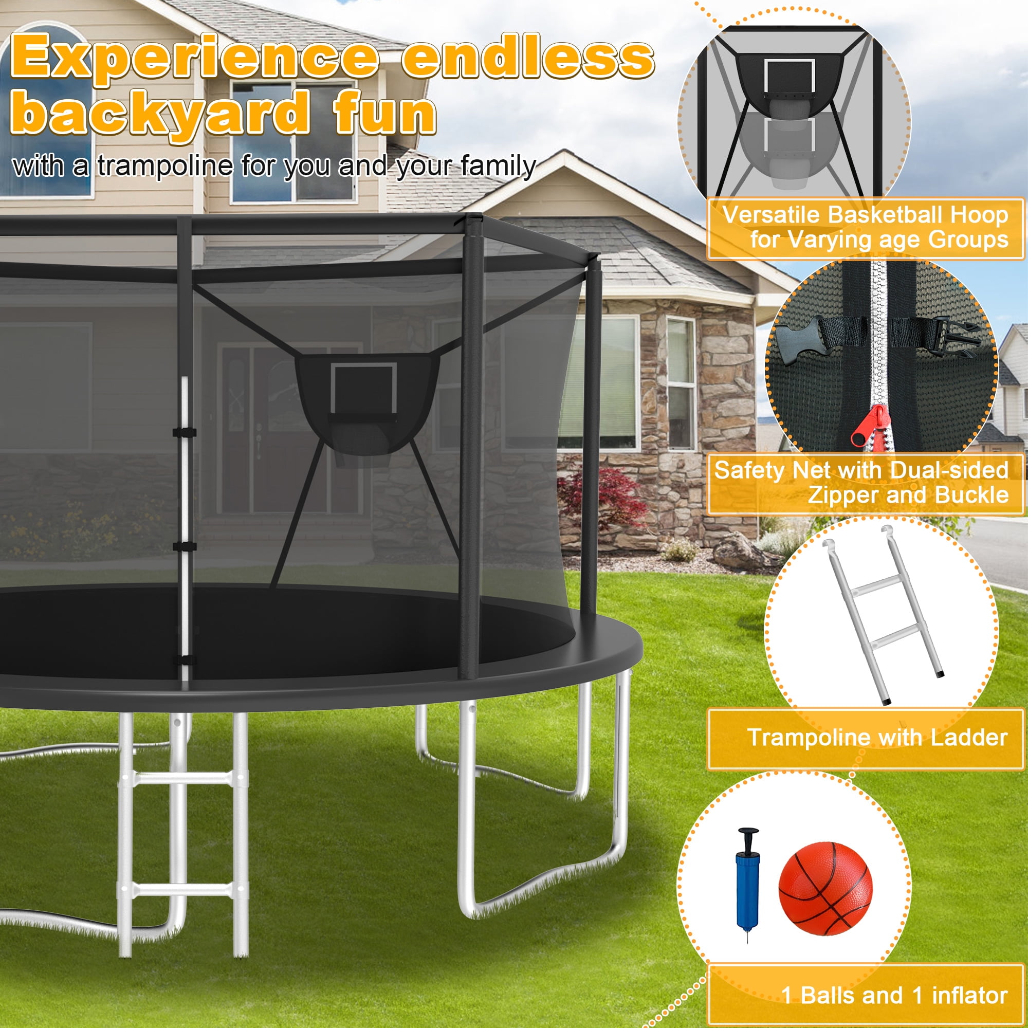 XMIKA 14ft Outdoor Round Trampoline with Enclosure Net, Basketball Hoop, Sprinkler, and Ladder (Black, 1400 lb Capacity) n3d4b