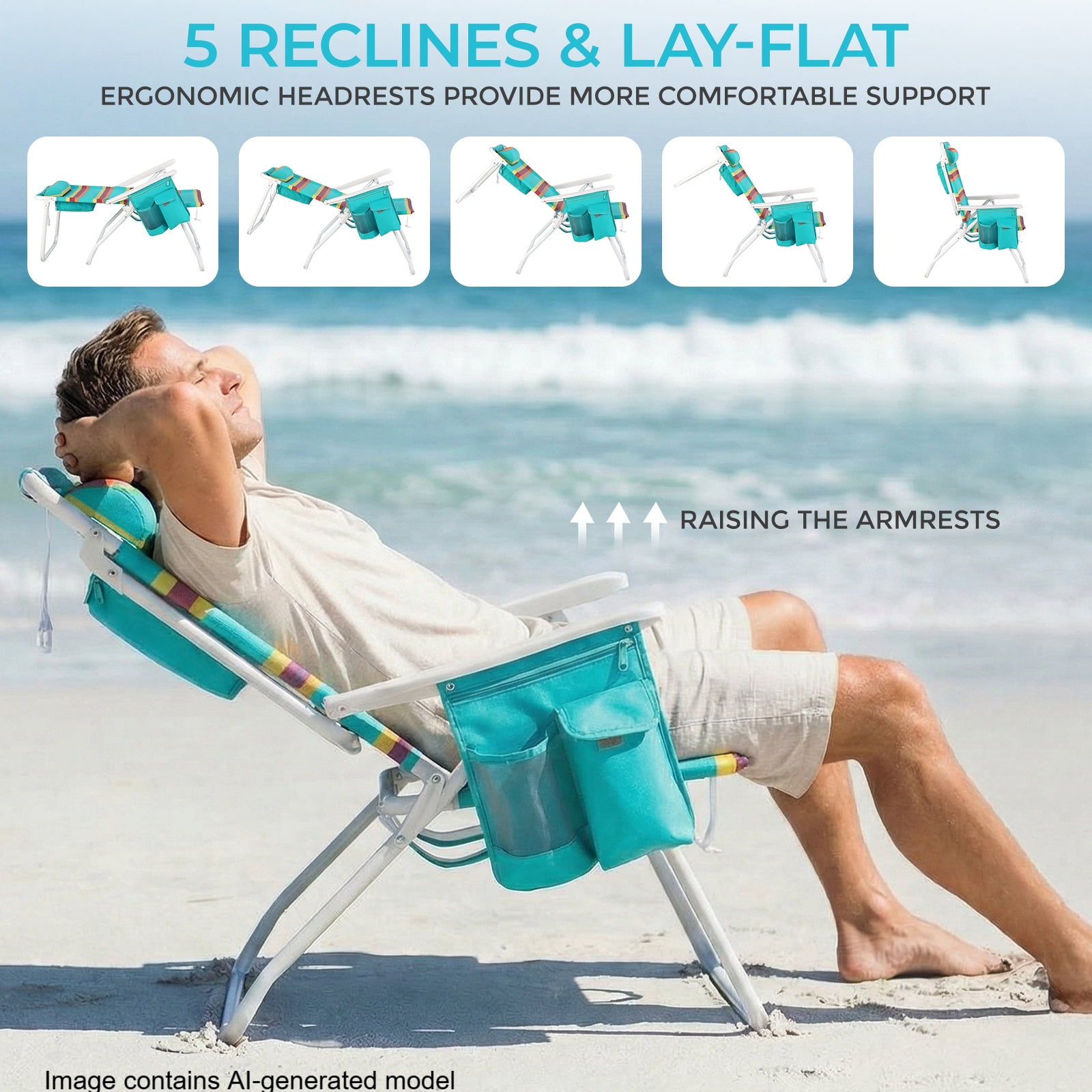 Pirecart Folding Backpack Beach Chairs with 5-Position Recline and Cooler Pouch (Multi-Color Stripes, Set of 2) 8sl2t