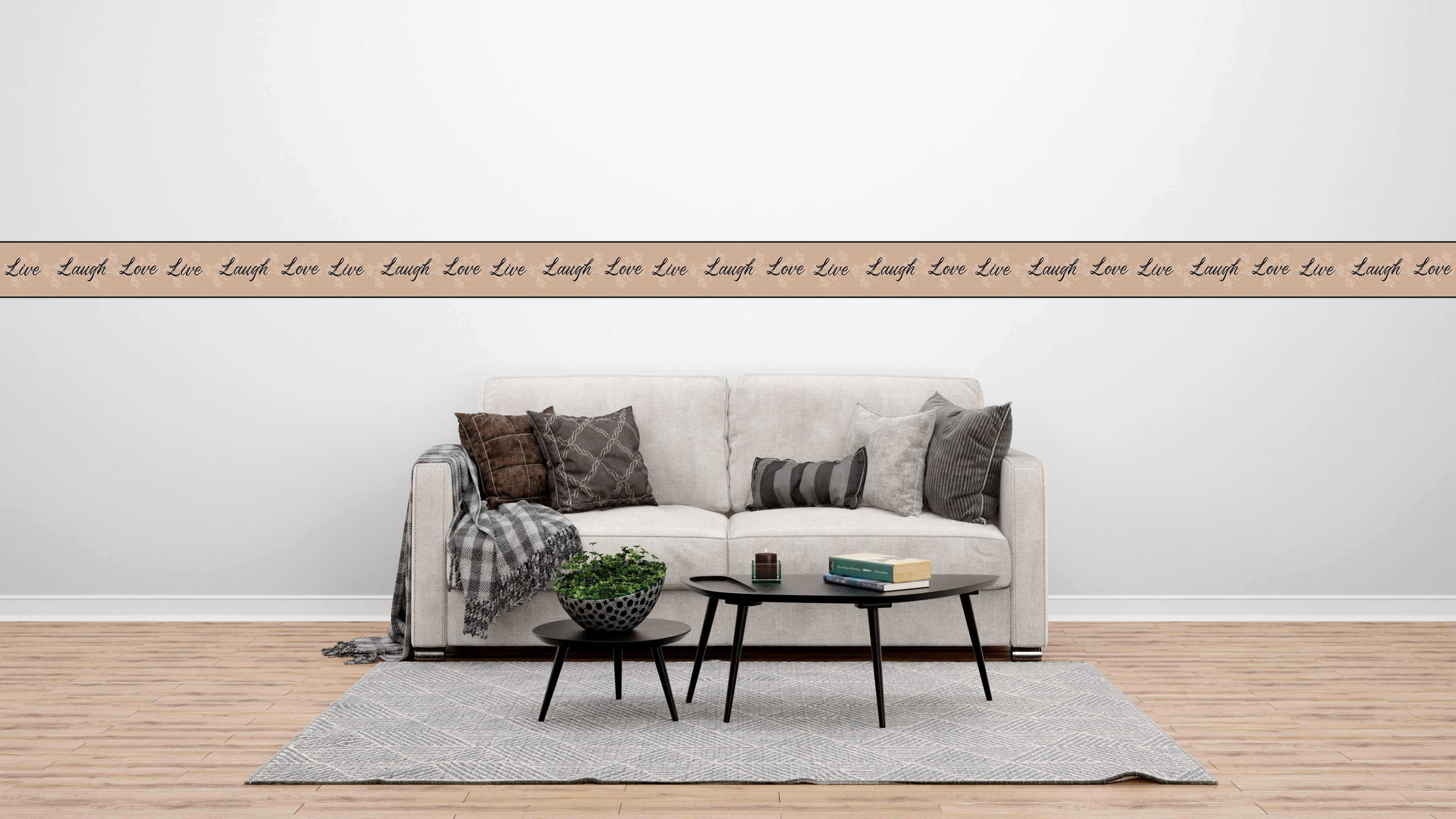 Dundee Deco Peel and Stick Wallpaper Border, Retro Live Love Laugh Design (Black and Off-White, 15 ft x 7 in) az8xb
