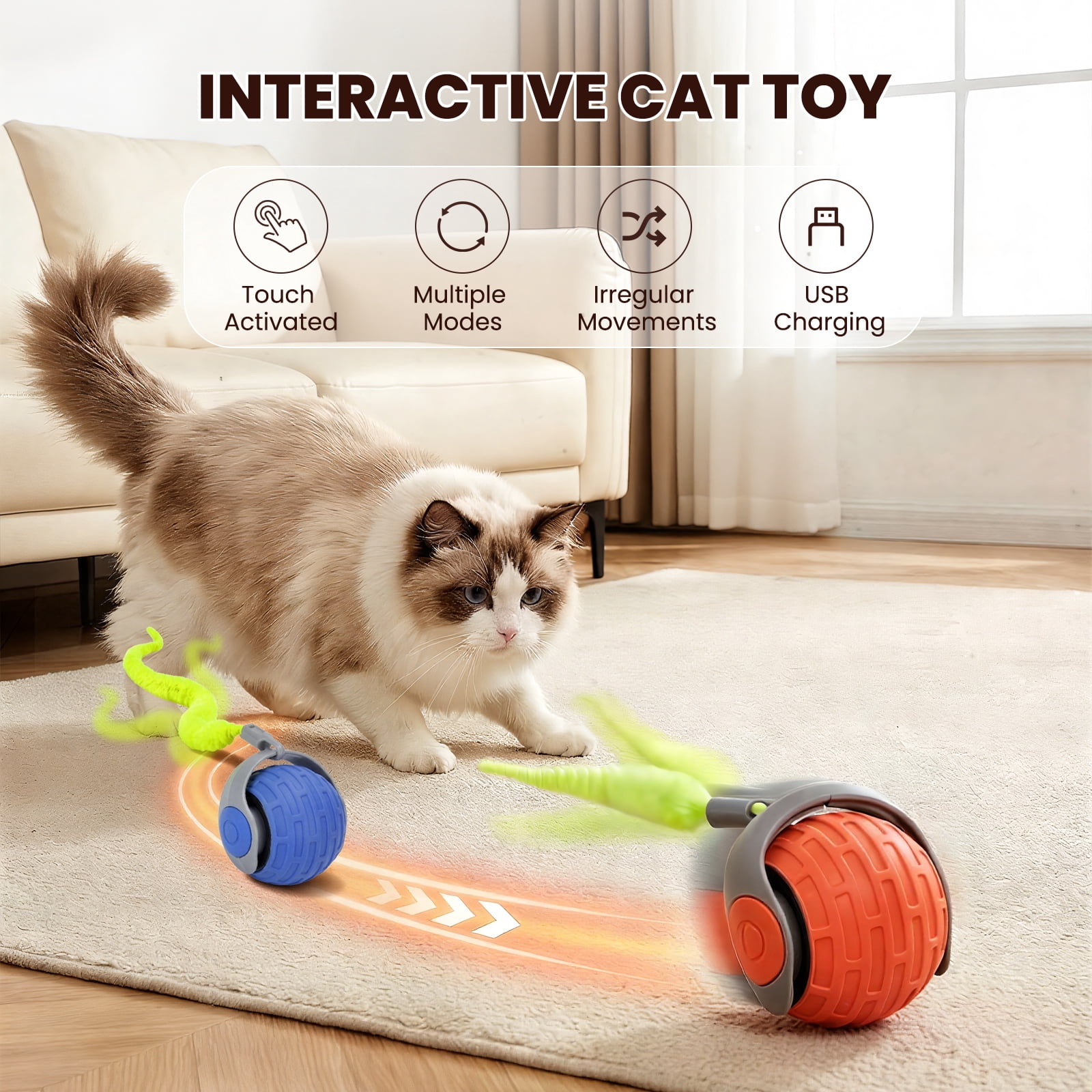 Absoke Interactive Cat Toy Ball with Feather Tails, Automatic Rolling Motion for Indoor Cats (Blue-Orange, 2 Pack) nof74