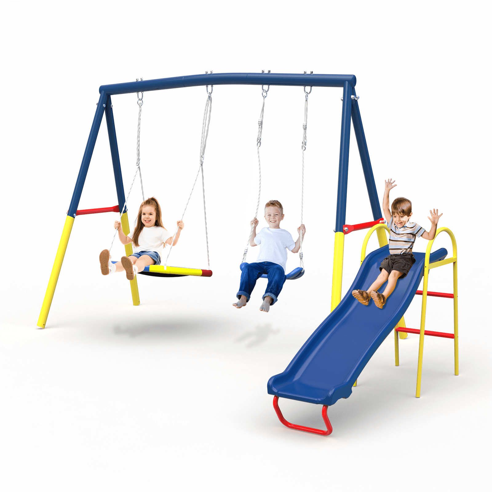 KDYMOD 3-in-1 Outdoor Swing Set for Backyard, Heavy-Duty Steel Frame Kids Playground Equipment (Blue) o211v