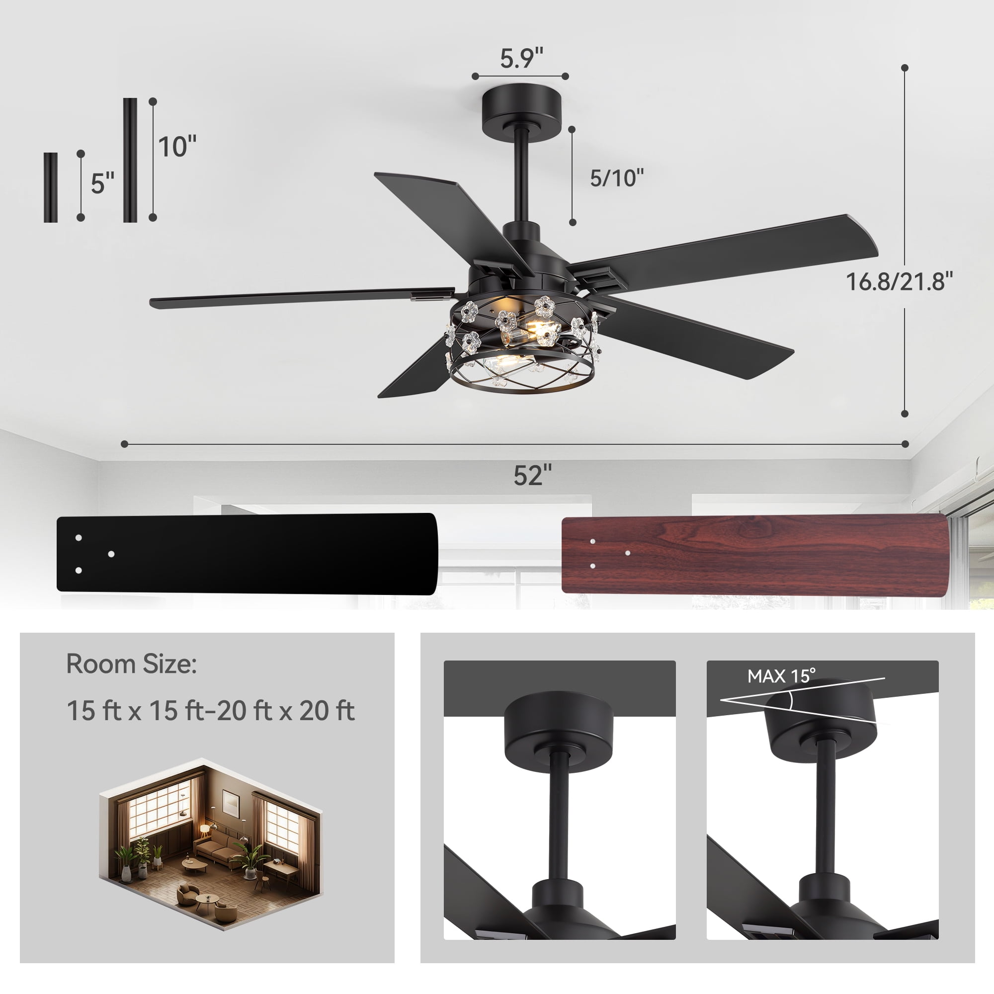 ALKAFY 52 in Matte Black Ceiling Fan with Lights - Reversible 5-Blade Design, 6-Speed Remote Control (52 in) ajnmi