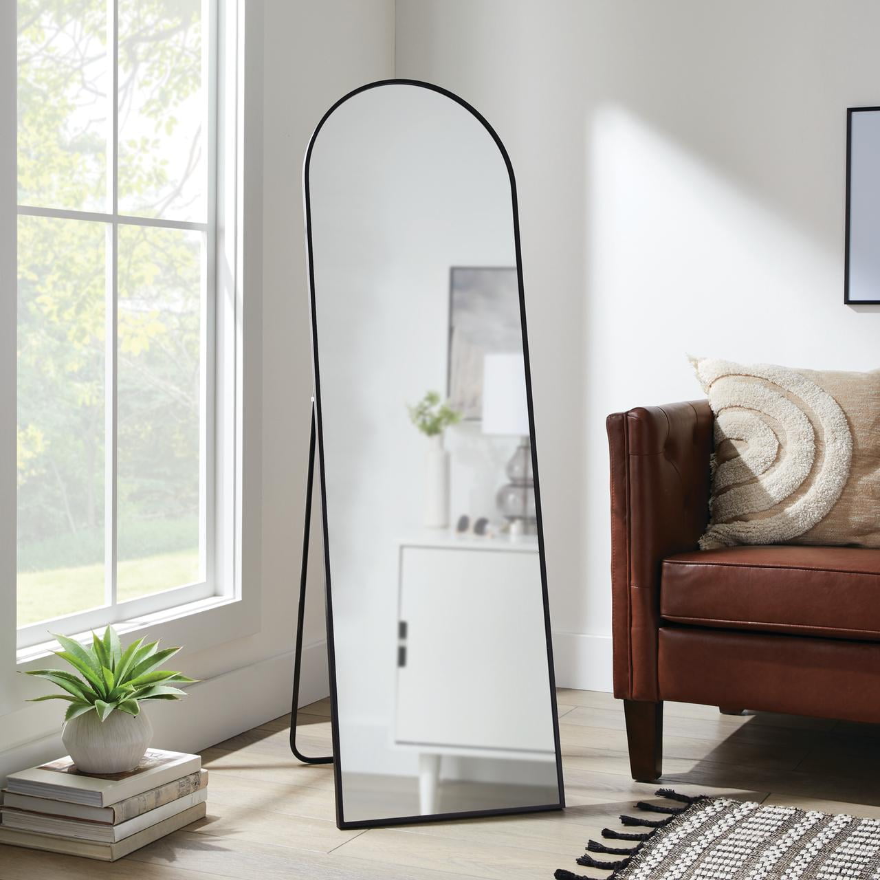 Better Homes & Gardens Arched Floor Mirror, Modern Aluminum Easel Mirror (Black, 17 in x 58 in) pd03d