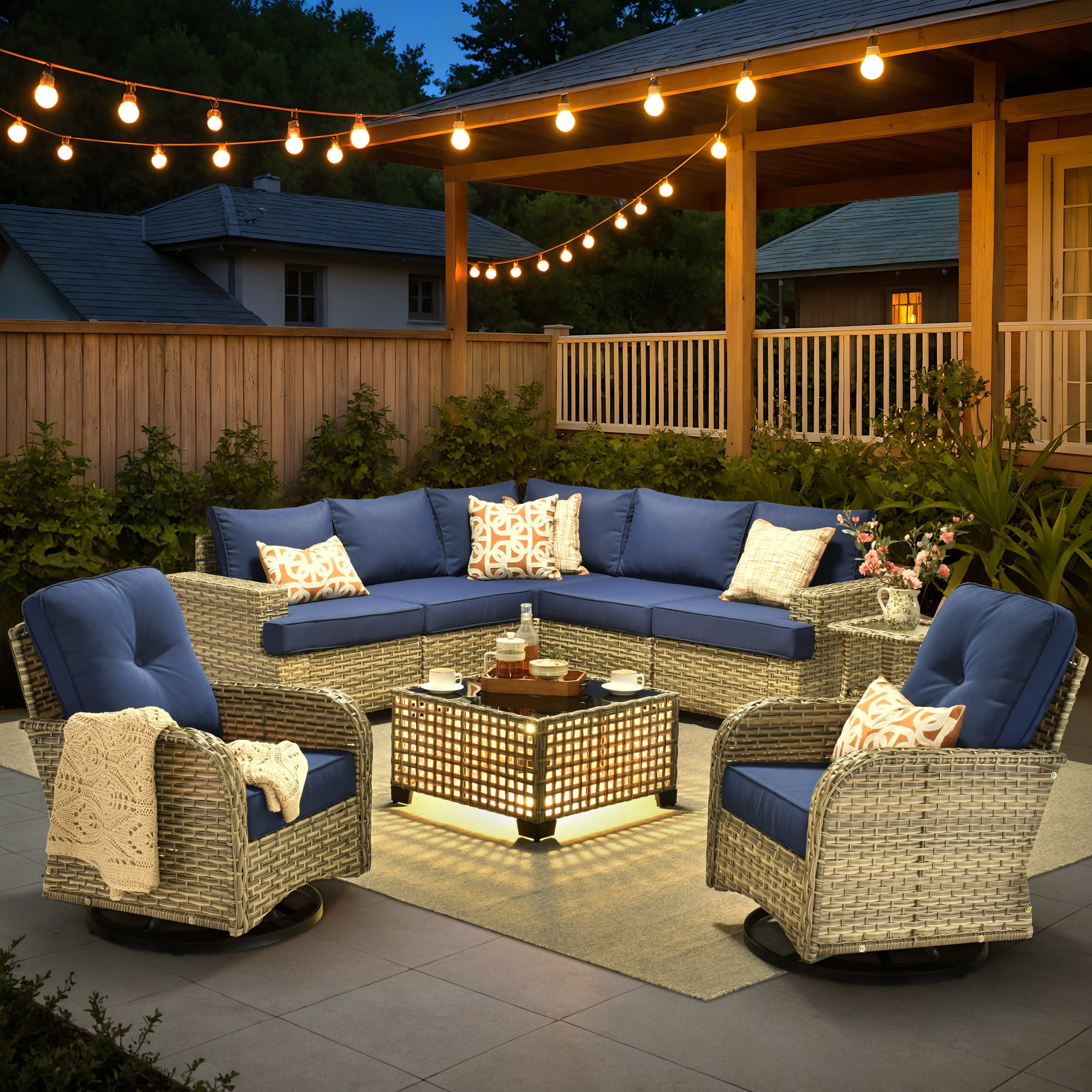 XIZZI 9-Piece Outdoor Patio Sectional Furniture Set, Wicker Conversation Set with Swivel Chairs and Solar Coffee Table (Navy Blue, 9-Piece) brinc