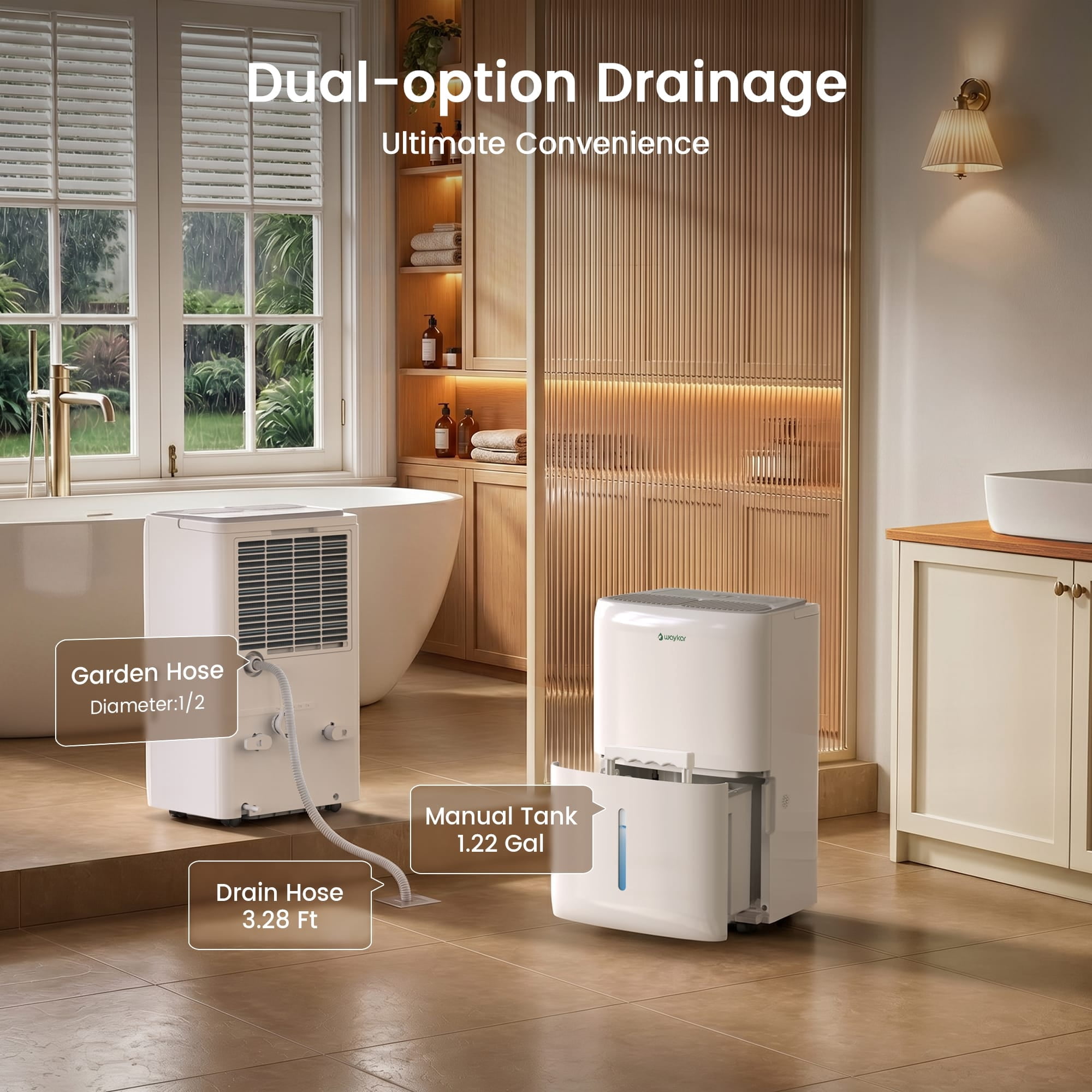 Waykar 80 Pint Portable Dehumidifier for Home and Basement (Energy Efficient, 1.45 Gallon Tank, 3.3 ft Drain Hose) fvltr