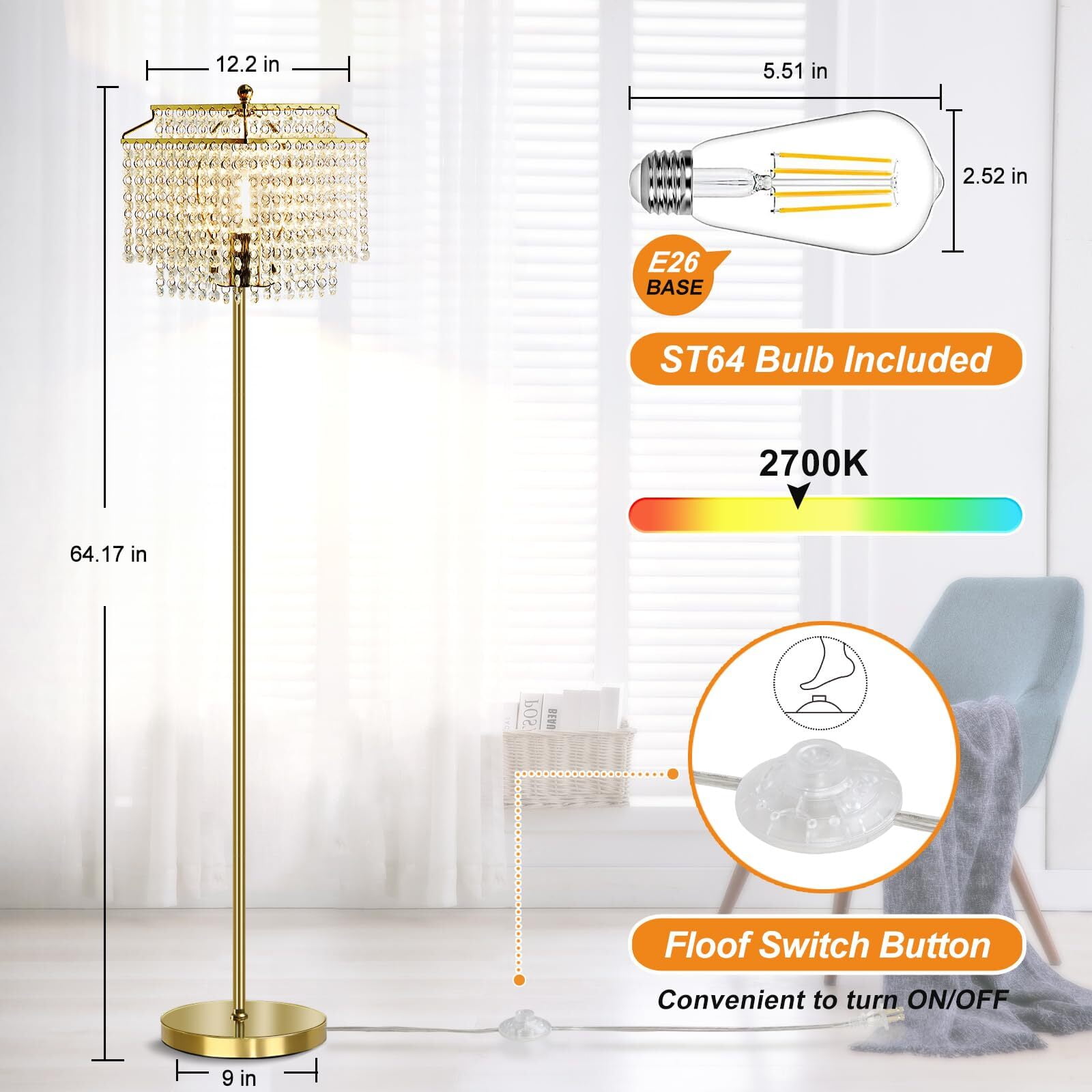 NATYSWAN Gold Crystal Floor Lamp, Modern Standing Light with Double-Layer Shade and Foot Switch (Gold, 62 in) 9z4rp