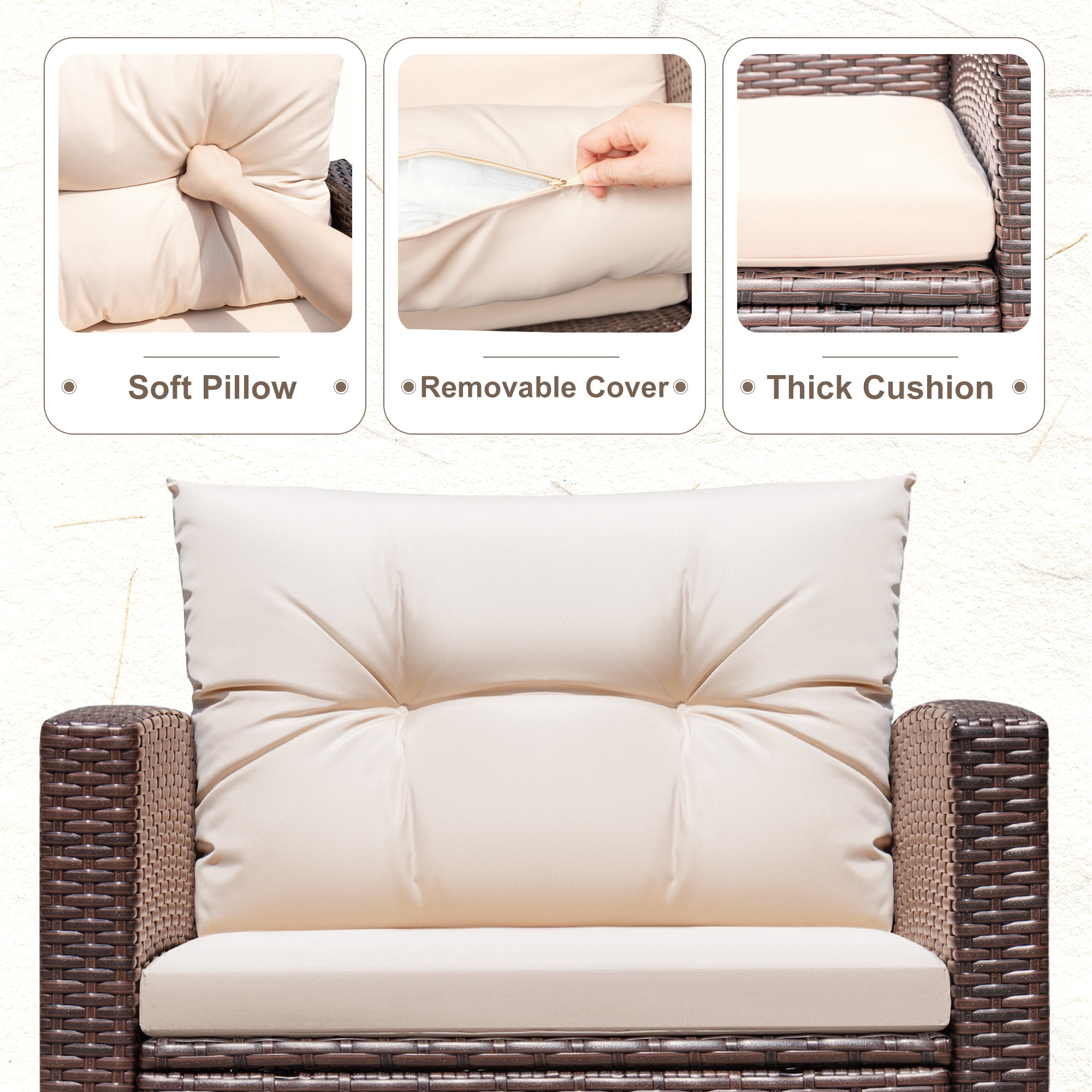 Devoko 3-Piece Patio Bistro Set, Rattan Outdoor Conversation Chair Set with Cushions and Coffee Table (Beige) 76ffr