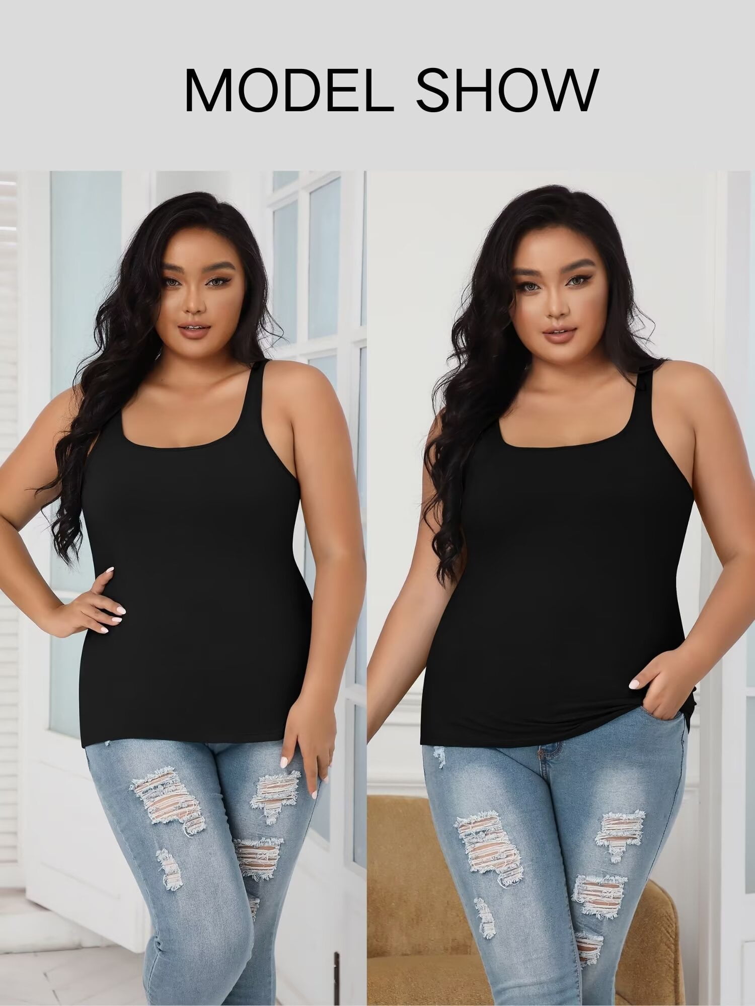Charmo Womens Plus Size Cotton Tank Top with Shelf Bra Adjustable Strap Camisole (Black, 1X-5X) aytsm
