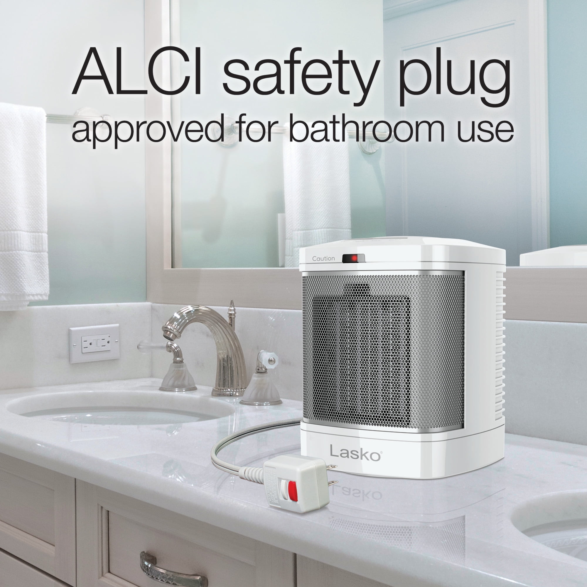 Lasko 8 in 1500W Electric Bathroom Space Heater with ALCI Safety Plug and Timer (White) 6dt1x