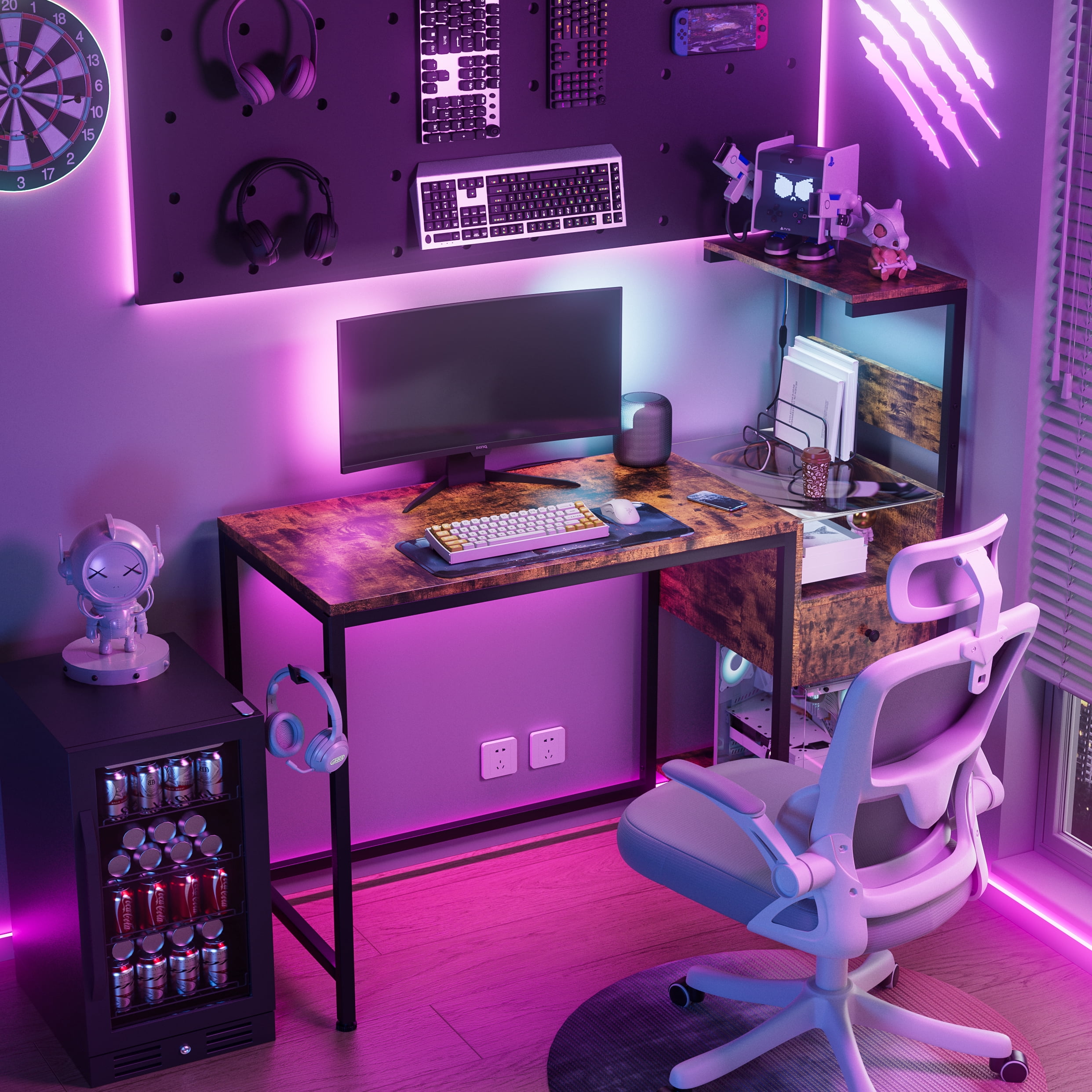 PuppyCheer Computer Desk with Power Outlet and Storage Shelves, Home Office Workstation with USB Charging Station (Brown, 48 in) on46h