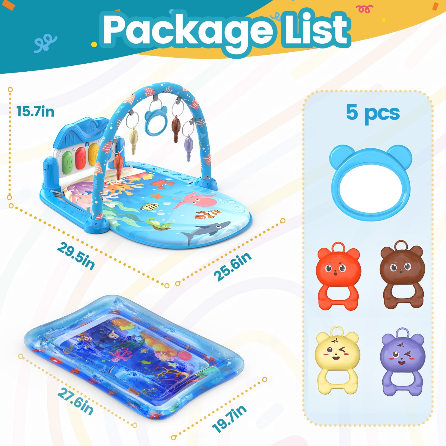 WonderStone 2-in-1 Baby Gym Playmat and Tummy Time Water Mat with Sensory Toys and Musical Piano (Blue, 27.5 x 20 in) 08zyo