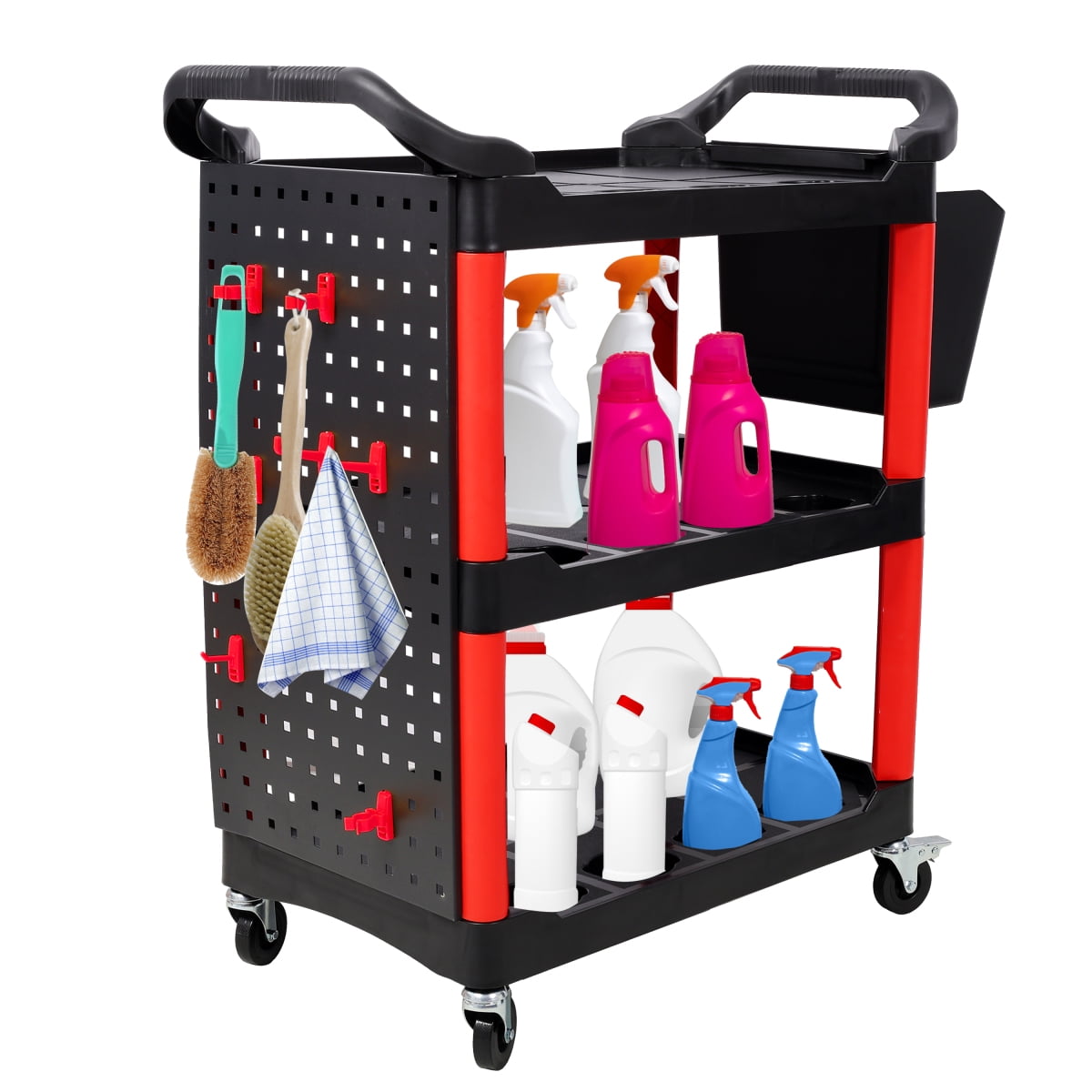 LuckyNote 3-Tier Rolling Auto Detail Cart with Pegboard and Hanging Bucket (Red and Black, 300 lb Capacity) 04so6