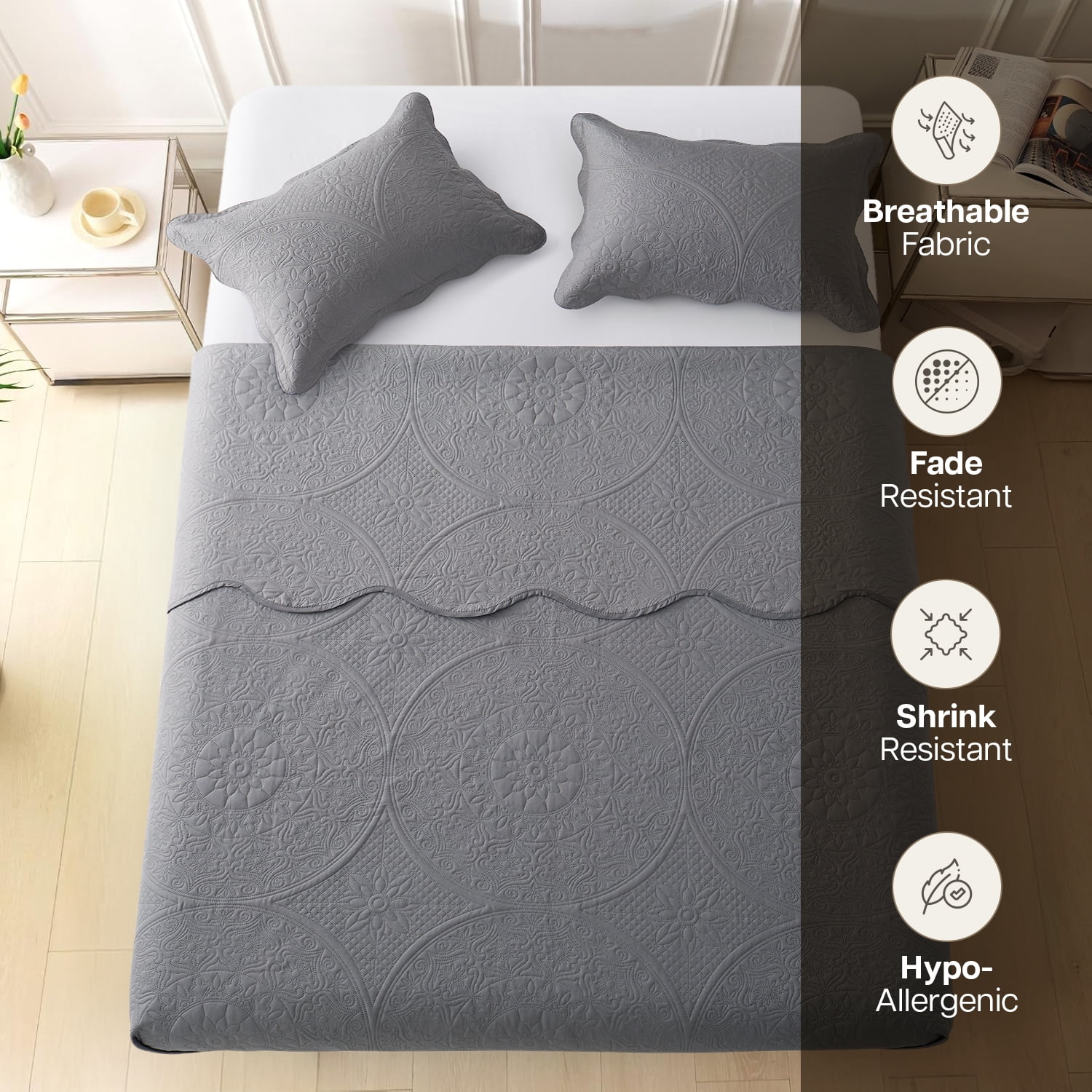 Moonlight Bedding 3 Piece Ultrasonic Quilt Set Floral Pattern (Gray, Queen) 4bcsn