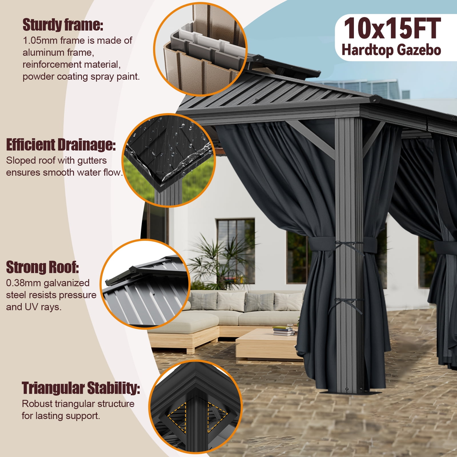 COBIZI Hardtop Gazebo with Netting and Curtains, Outdoor Aluminum Canopy for Backyard and Patio (Black, 10x15 ft) s97f0