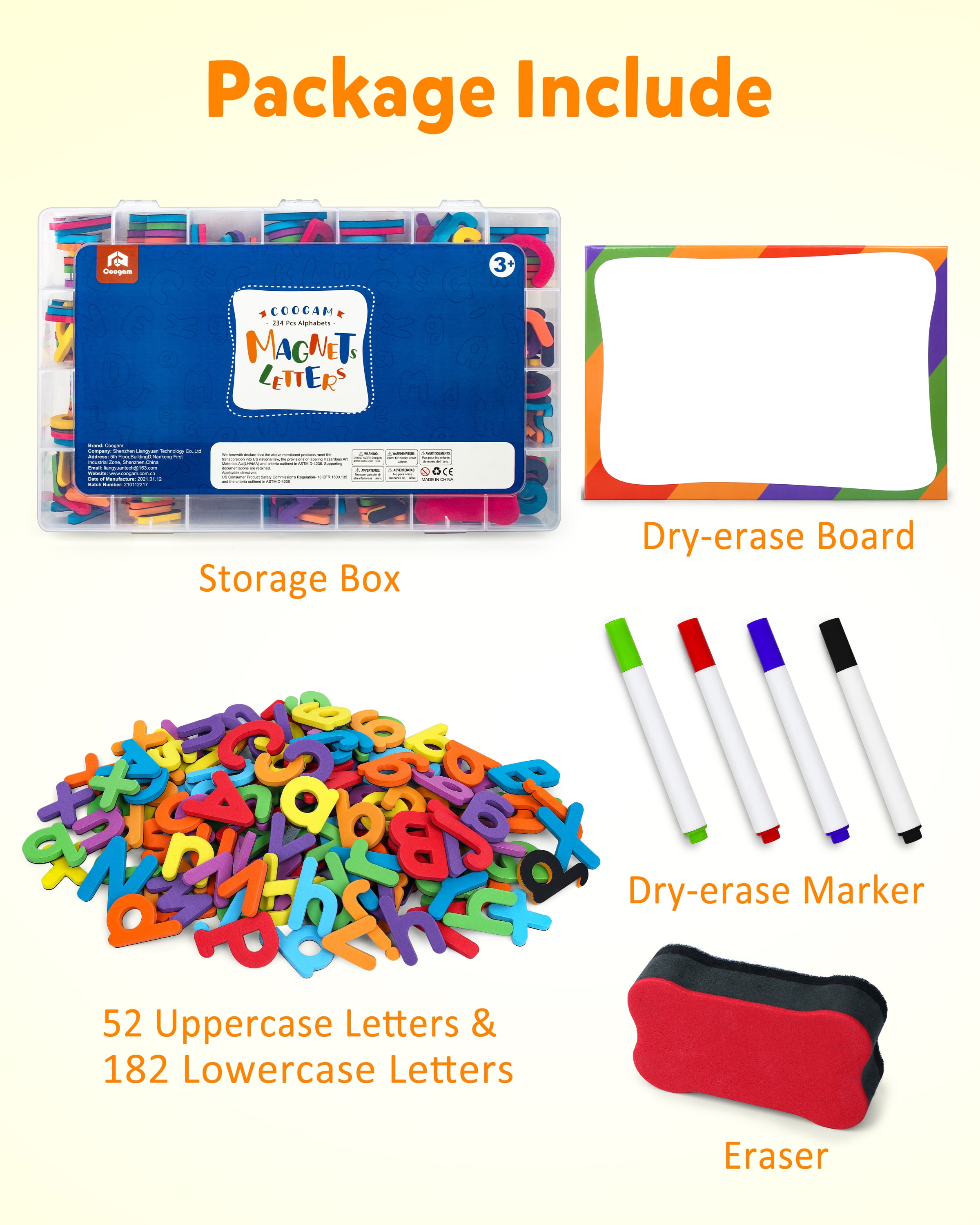 Coogam Magnetic Alphabet Letters Set with Board and Markers (234 Pieces, Multicolor) 8ehko