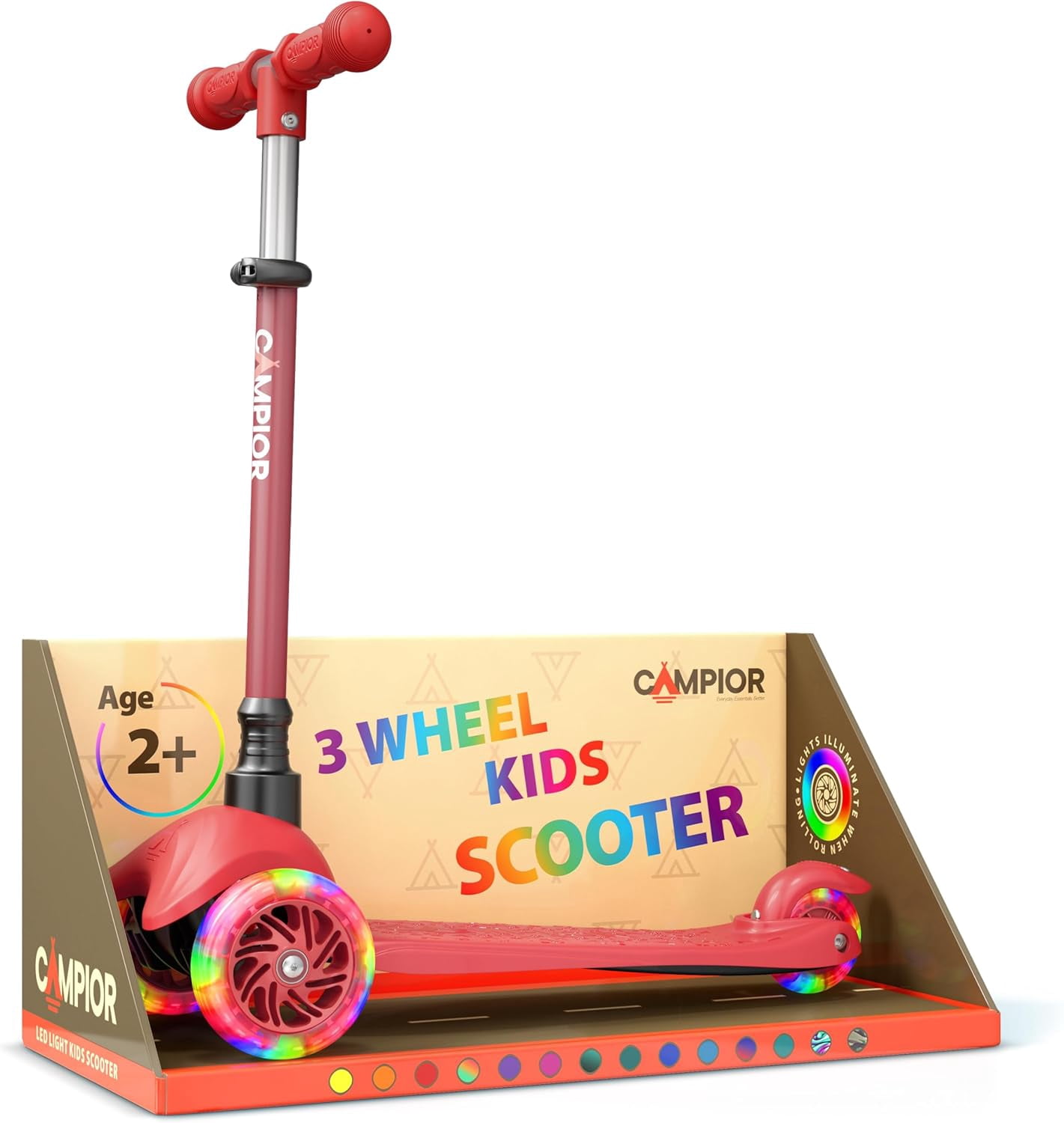 Campior 3-Wheel Kids Scooter with LED Light-Up Wheels, Adjustable Handlebar, Lean-to-Steer Design (Red, 27.56 in) ykivp