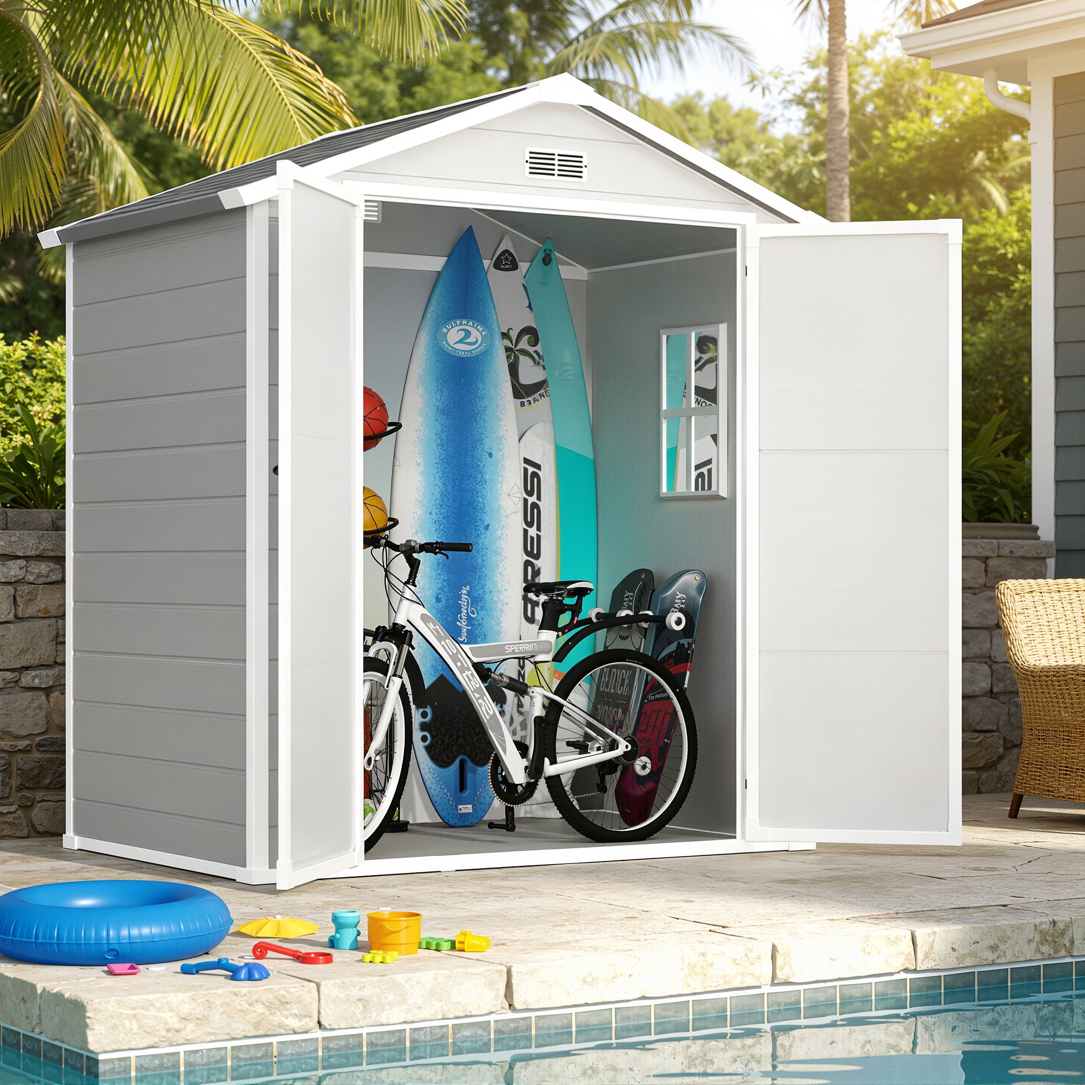 Enyopro Outdoor Storage Shed, All-Weather Resin Tool Shed with Floor and Double Lockable Doors (Grey, 6 ft x 4.4 ft) 6po0j