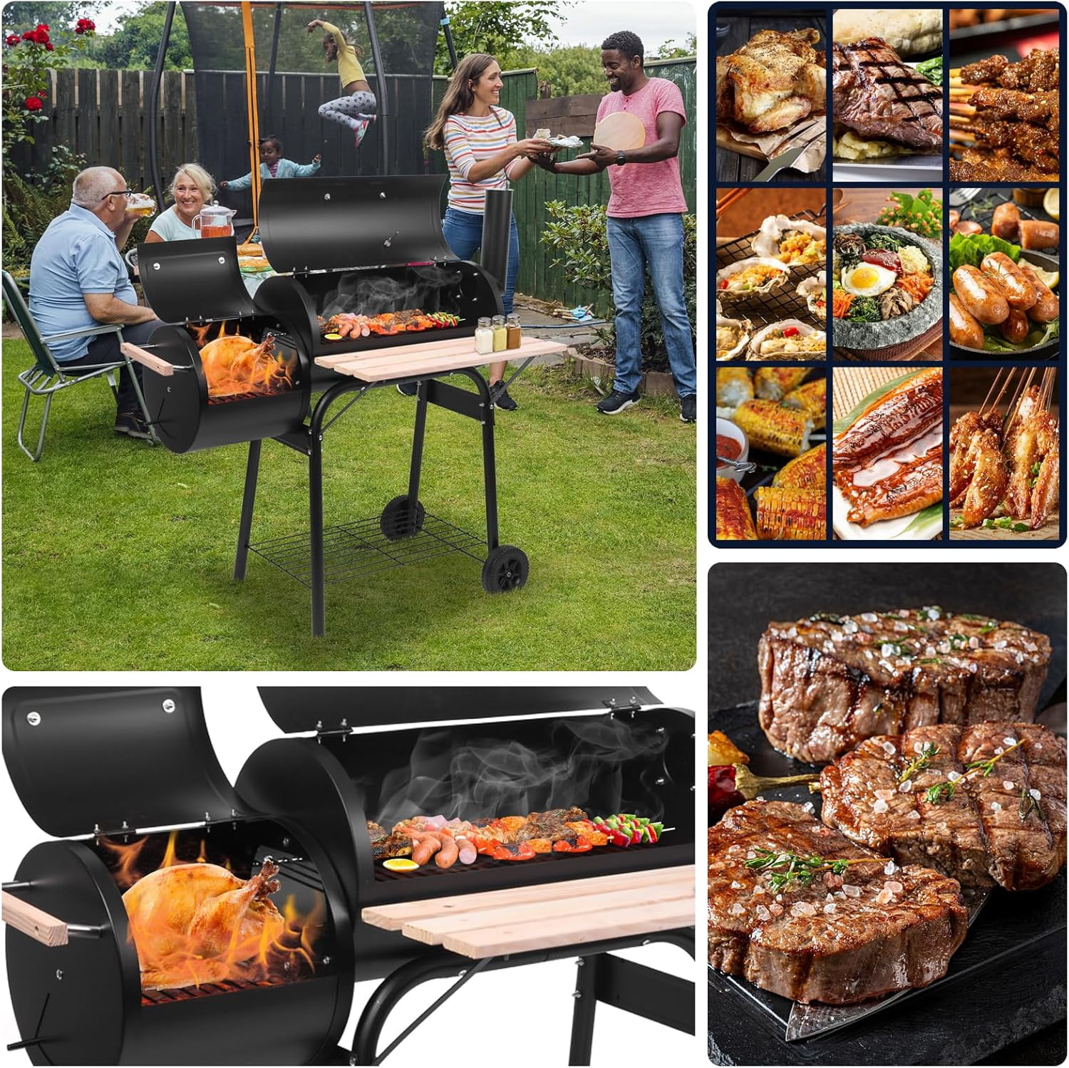 Geemuslly Oil Drum Charcoal Grill and Offset Smoker with Side Fire Box (Black, 4 lb Charcoal Capacity) yoosi