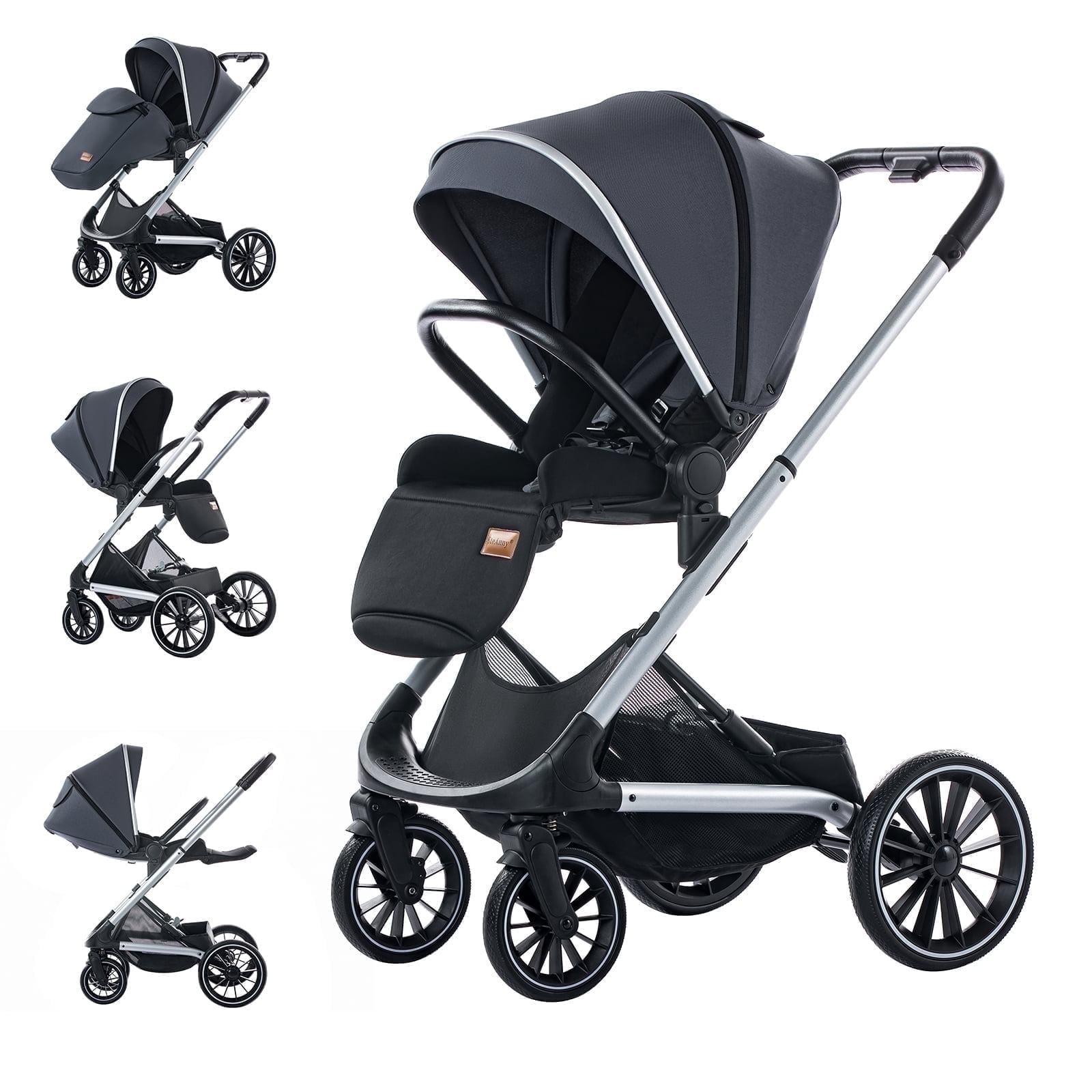 SteAnny Reversible High Landscape Baby Stroller, Adjustable Handlebar Pram for Infants and Toddlers (Gray, 40 lb Capacity) wyqqr