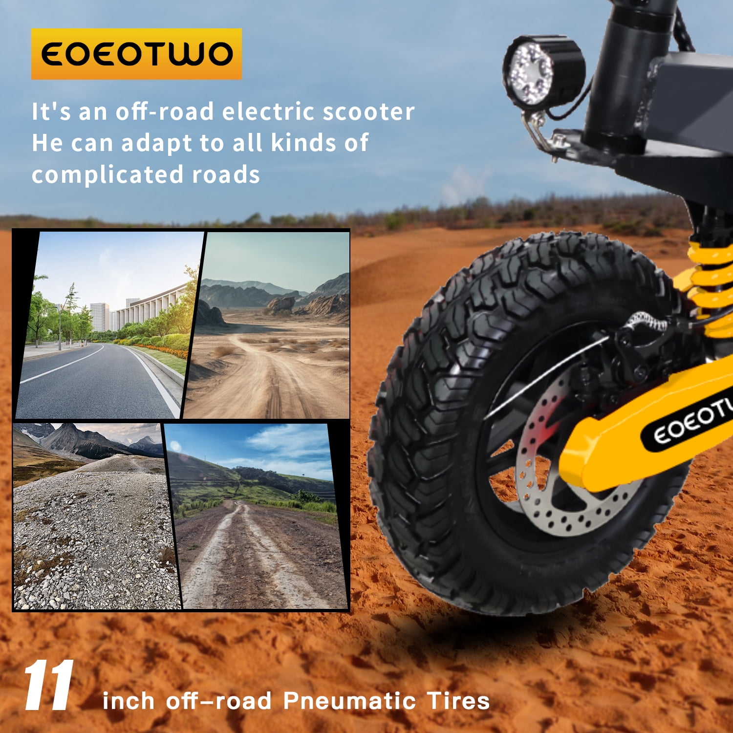 EOEOTWO Off-Road Electric Scooter for Adults, 1200W Motor, 30 MPH Speed, 25-Mile Range, Foldable Commuter Scooter (Yellow, 330 lb Capacity) sb4g6
