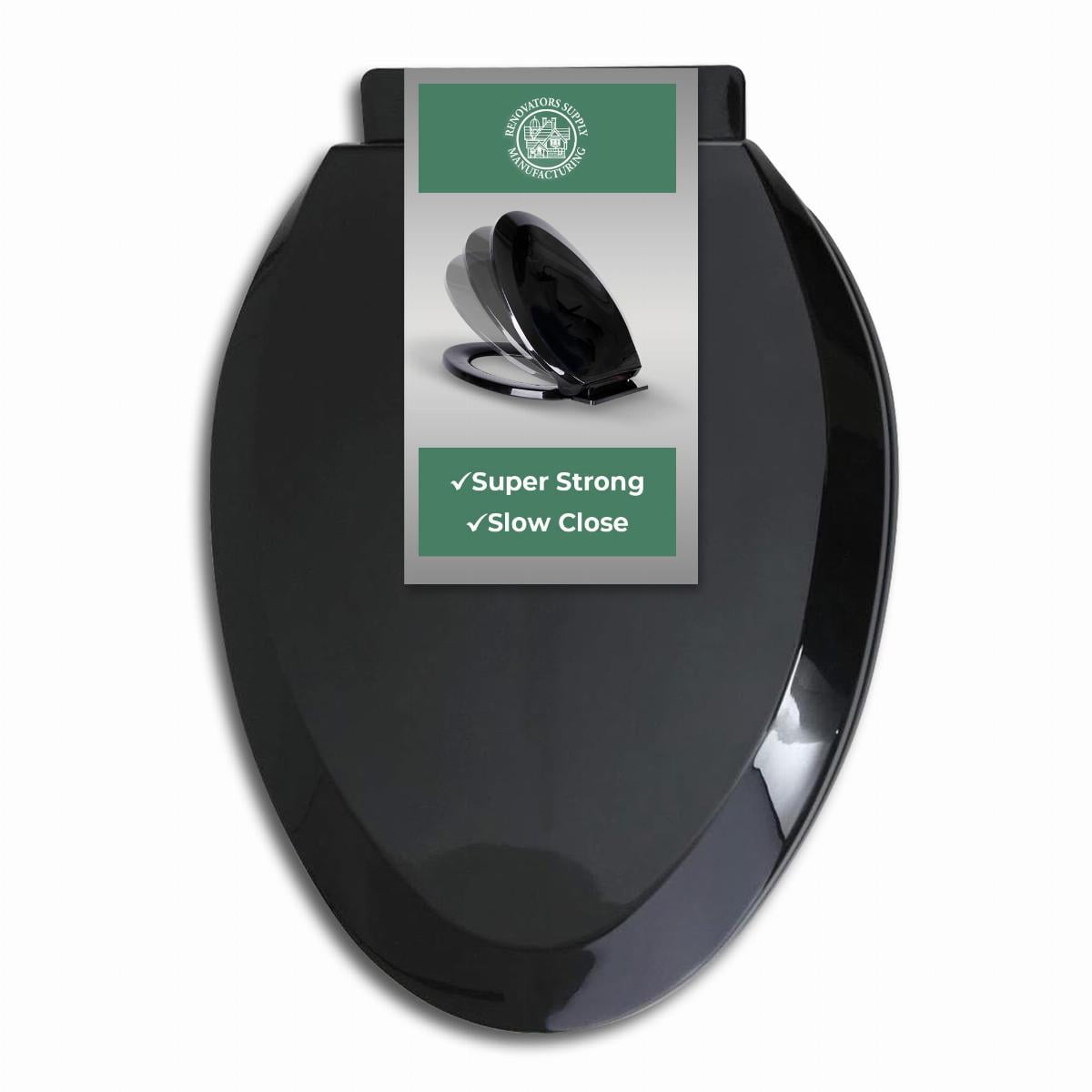 Renovator's Supply Elongated Toilet Seat (Black, 19.25 in) Slow Close Soft Close Plastic Lid with Adjustable Hinges khdga
