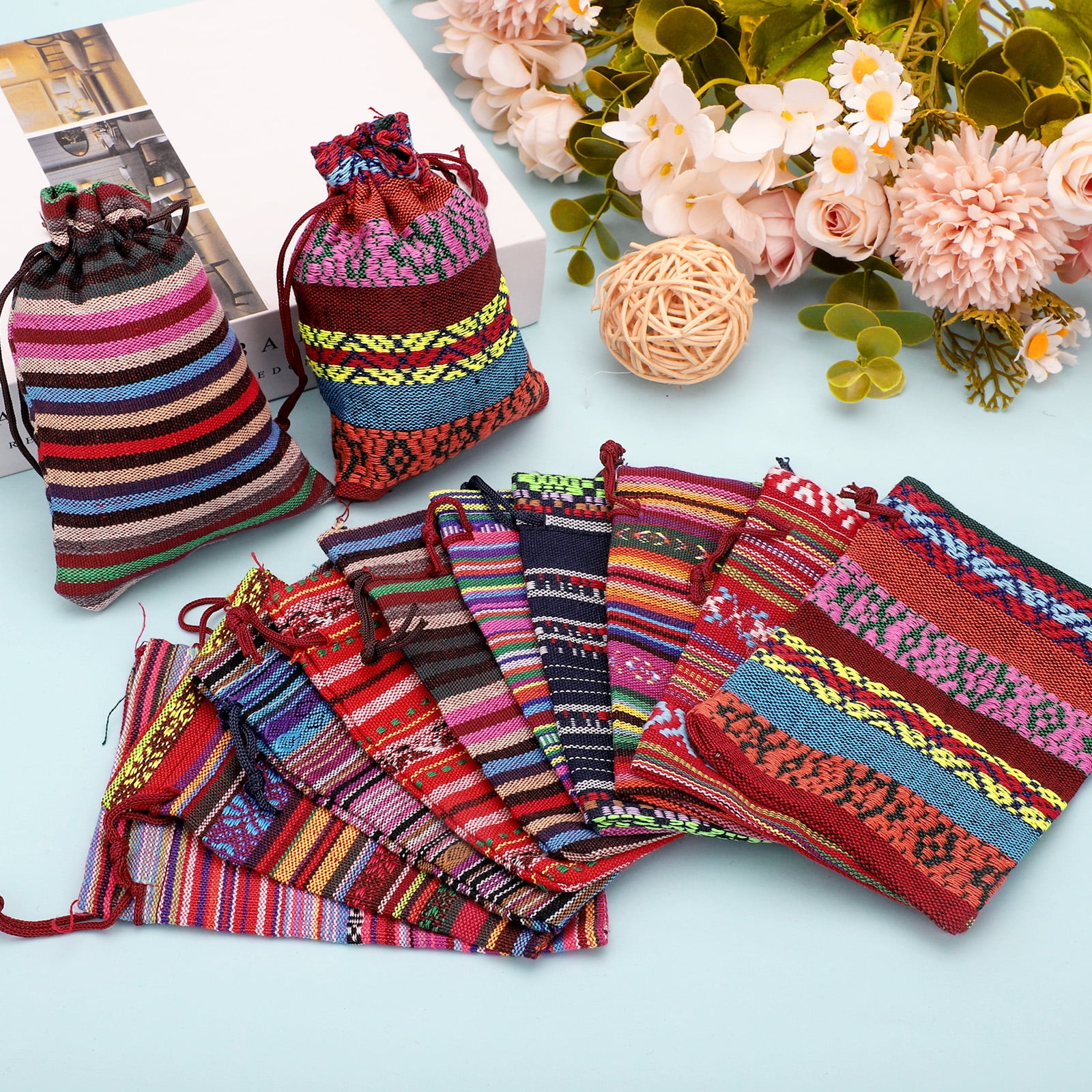 TSV Cotton Linen Drawstring Gift Bags, Ethnic Mexican Fiesta Style Jewelry Pouches for Party Favors (Multi-Color, 20 Pack, 3.9 in x 5.5 in) gk9ku