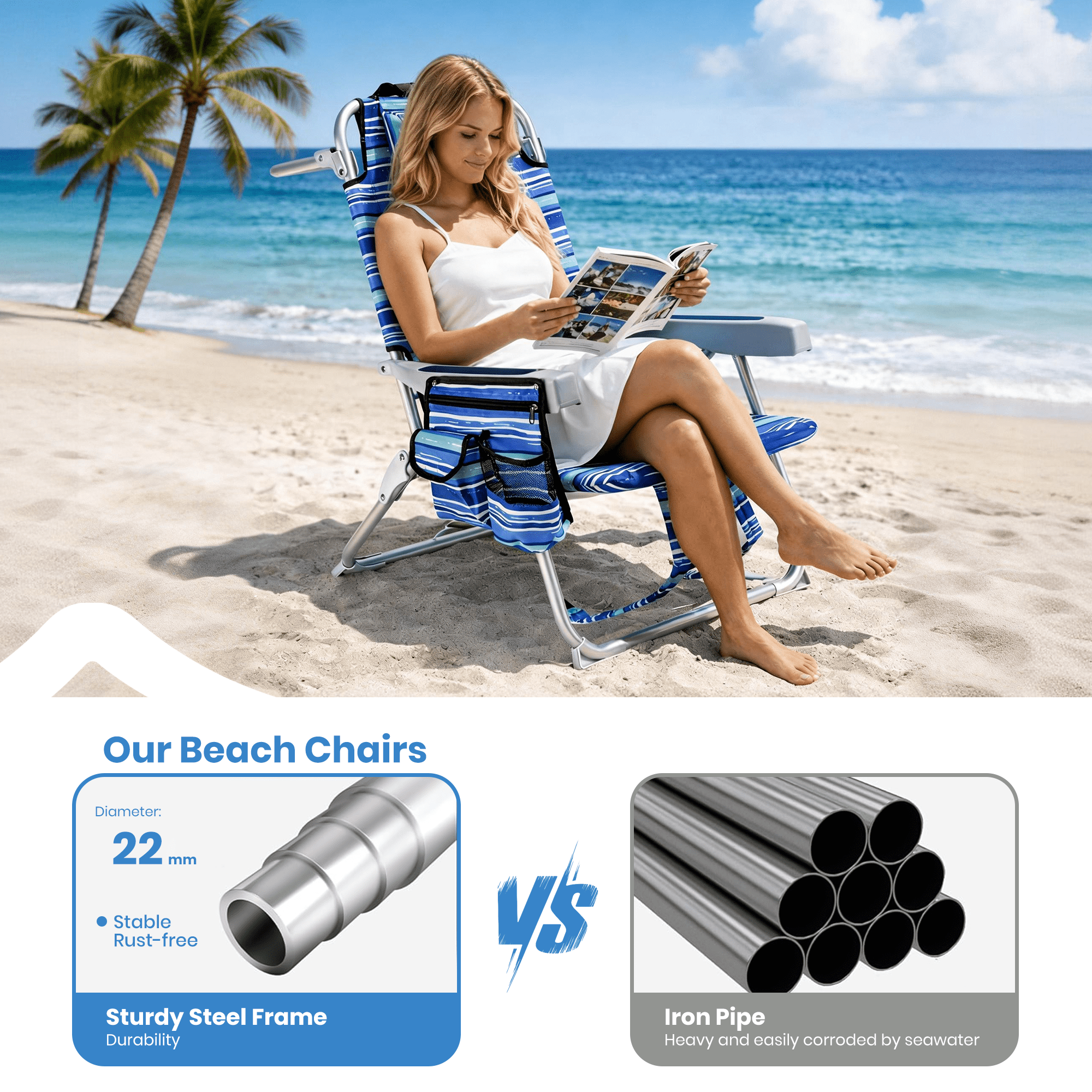 GVDV Portable Folding Beach Chair Set, 4-Position Adjustable Reclining Outdoor Seat with Cup Holder and Towel Bar (Blue, 2-Pack) s4l63