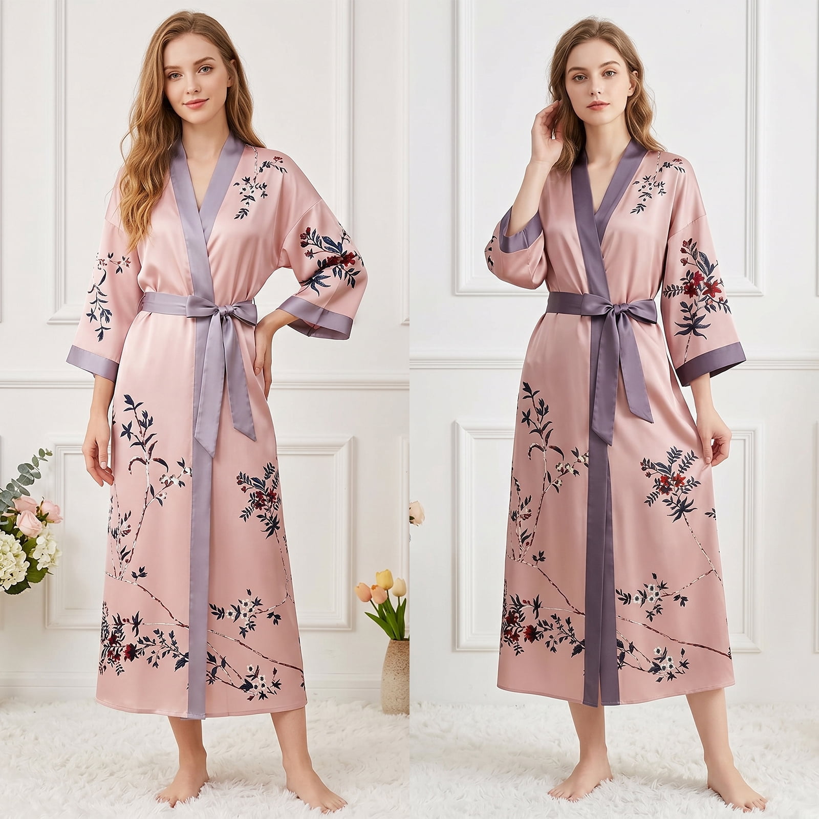 AMITOFO Women's Long Silky Satin Kimono Robe Floral Lightweight Loungewear (Pink, One Size) o0k6o
