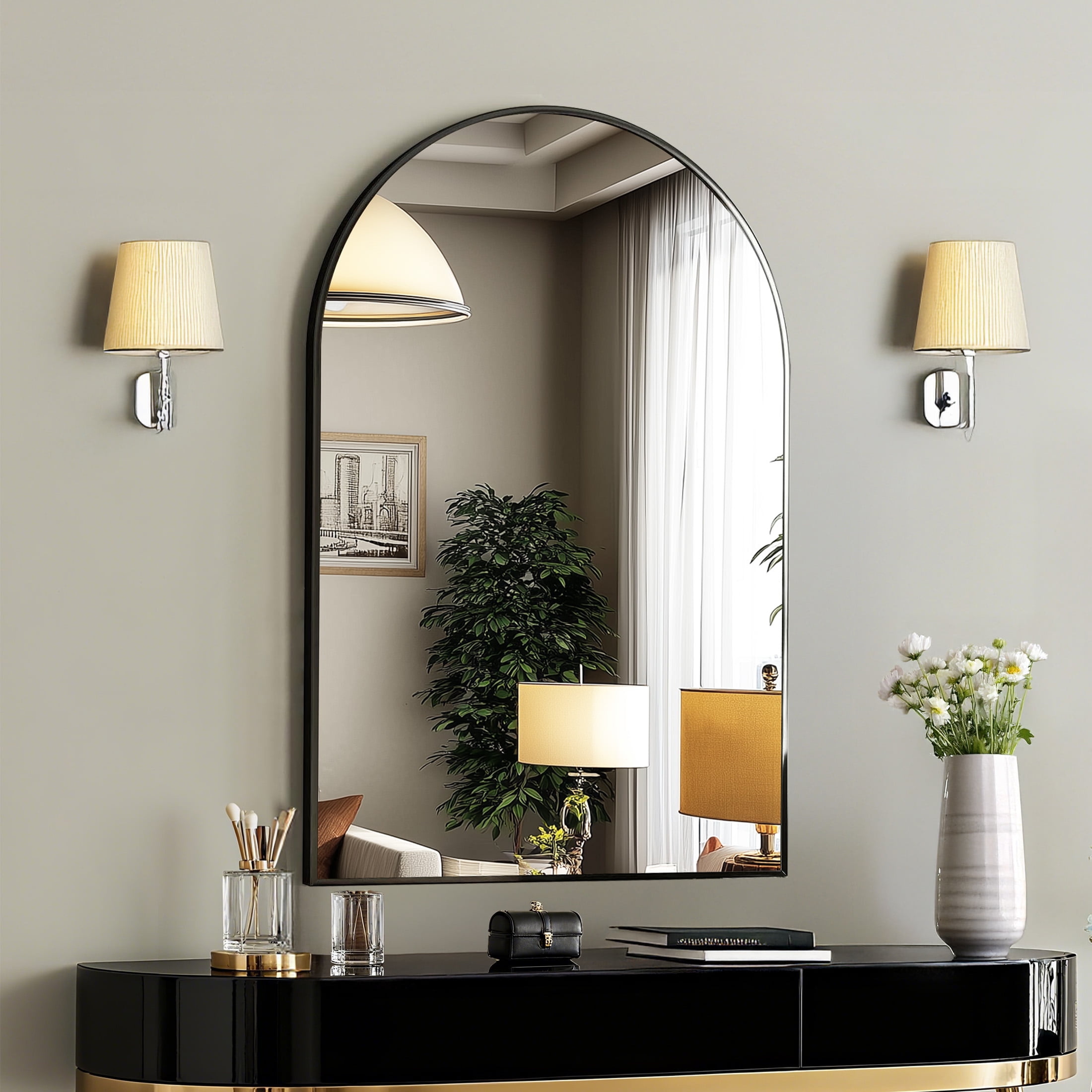 CONCETTA Arched Wall Mirror, Decorative Bathroom Vanity Mirror with Metal Frame (Black, 20 in x 30 in) 4d3t7