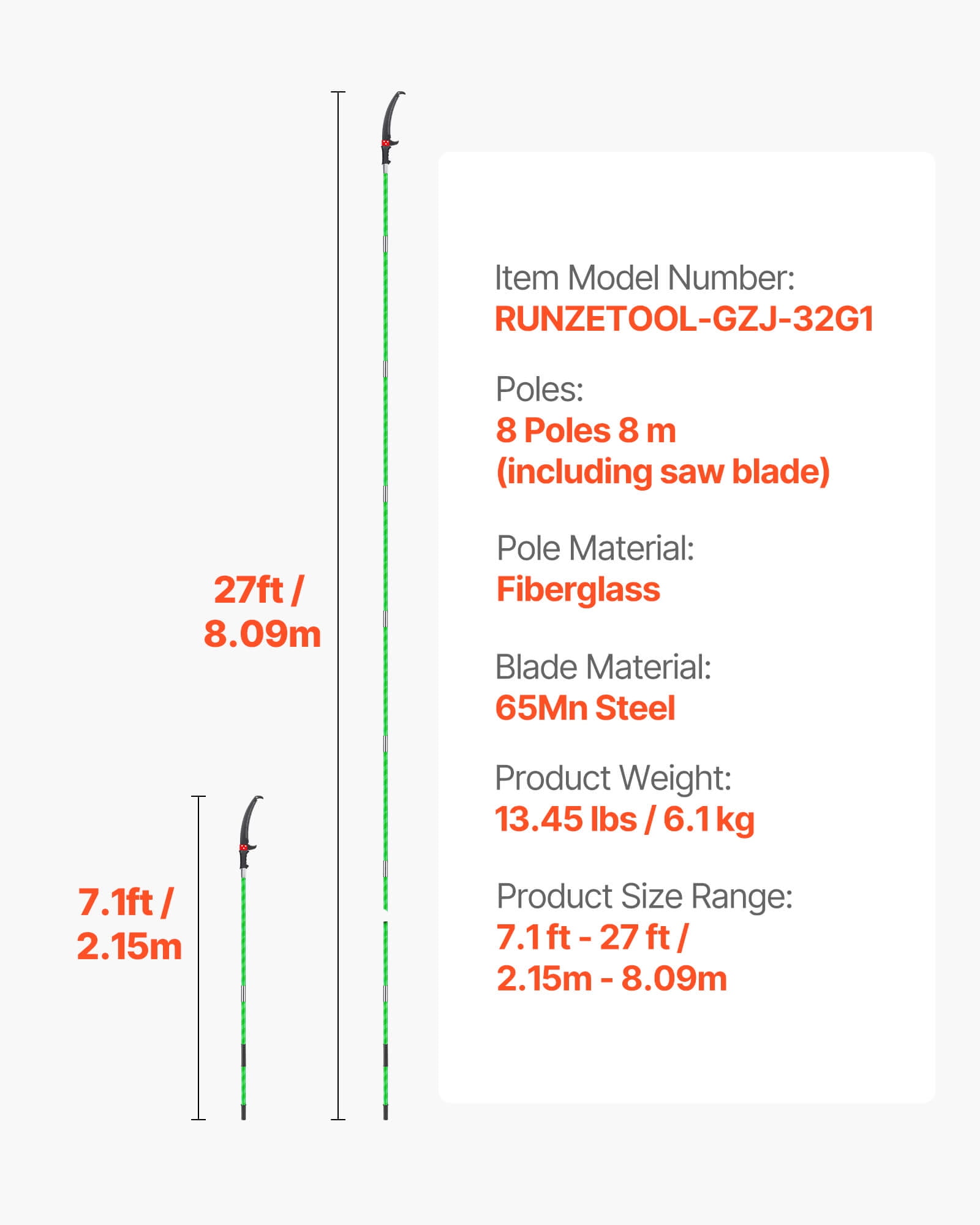 VEVOR Manual Pole Saw, Extendable Tree Pruner with 65Mn Steel Blade, Lightweight Fiberglass Handle for High Branch Trimming (27 ft) tbxjr