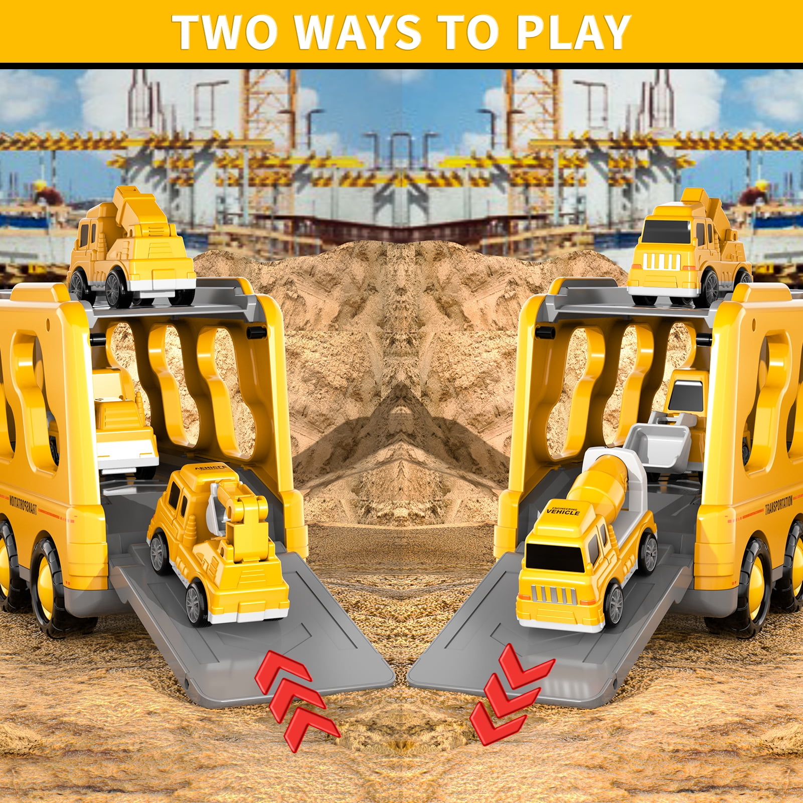 Lucky Doug Friction Powered Transport Carrier Truck with 4 Mini Cars (Yellow, 1 Set) pkaw2