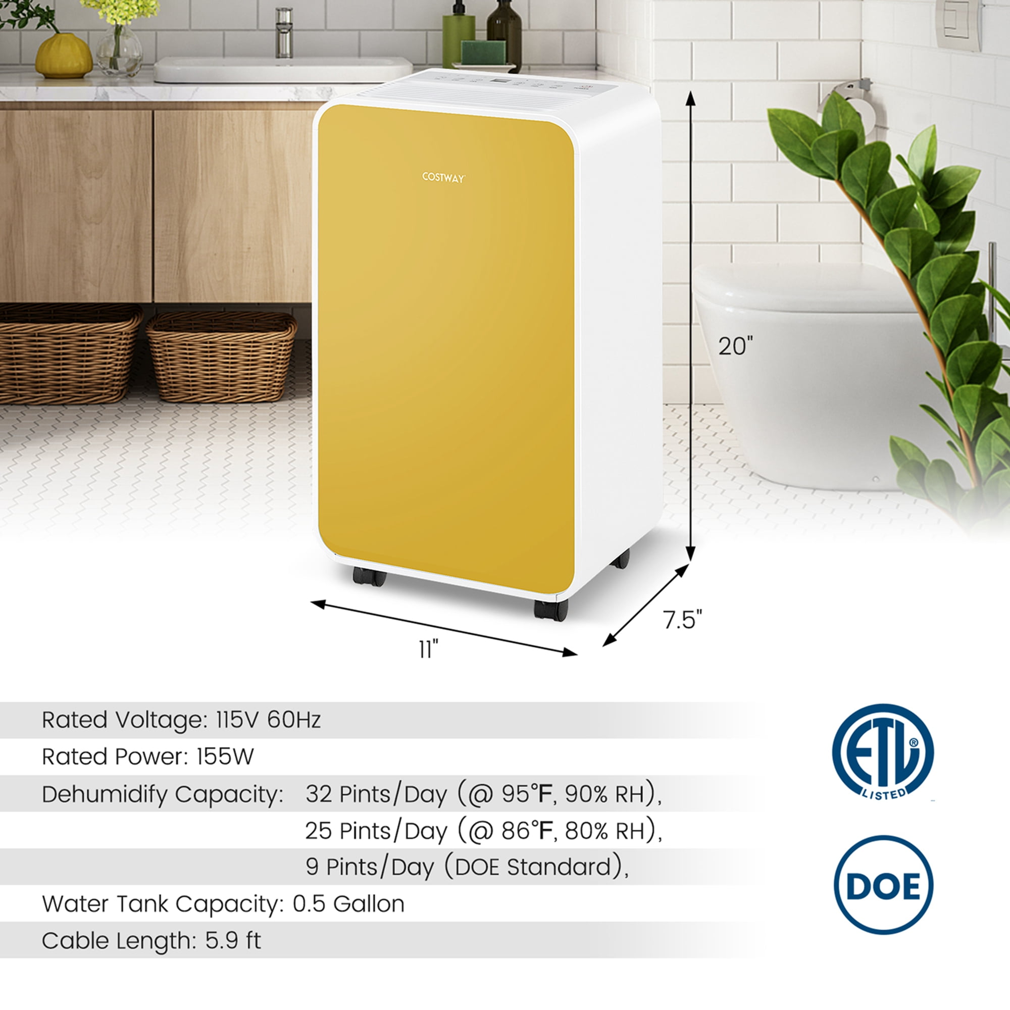 Costway 32 Pint Portable Dehumidifier for Basements and Homes (Yellow, 2500 sq ft) dk5vj