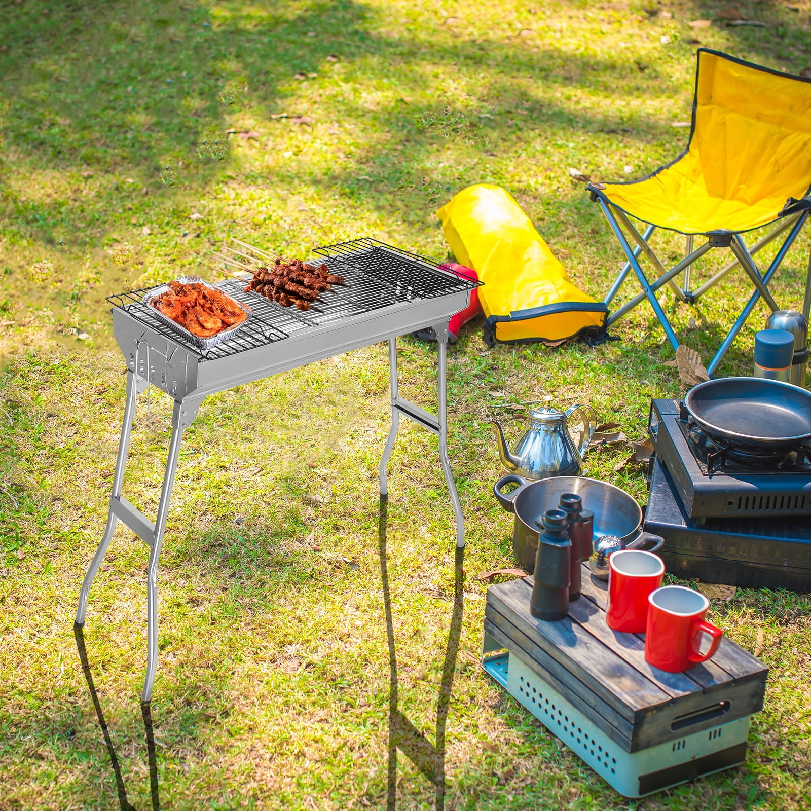 BAYUELSWU Portable Charcoal Grill Foldable Stainless Steel BBQ with Grill Pan and Grate (Silver, 27.95 in x 12.99 in x 27.56 in) p4tyh