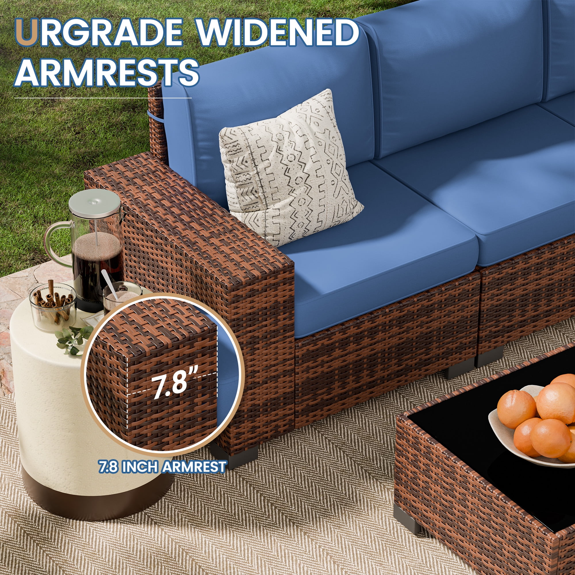 Poteban 6-Piece Outdoor Wicker Patio Furniture Set with Cushions (Brown and Blue, 6-Piece Set) 65mcb